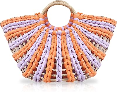 QTKJ Beach Bag for Women, Summer Straw Bag, Handwoven Half Circle Color Handbag, Cutout Design with Unlined, Large Handbag Bag Suitable for Travel Work Party (Orange)