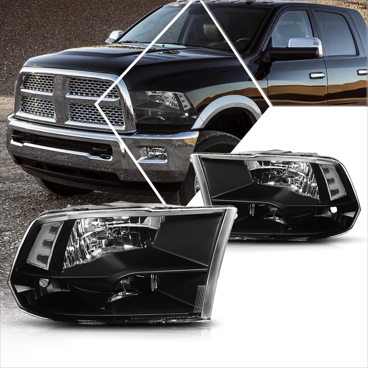 PM PERFORMOTOR 2Pcs Direct Replacement Headlights Assembly Compatible with Dodge Ram 09-18 | Headlamps with Black Housing Clear Corner