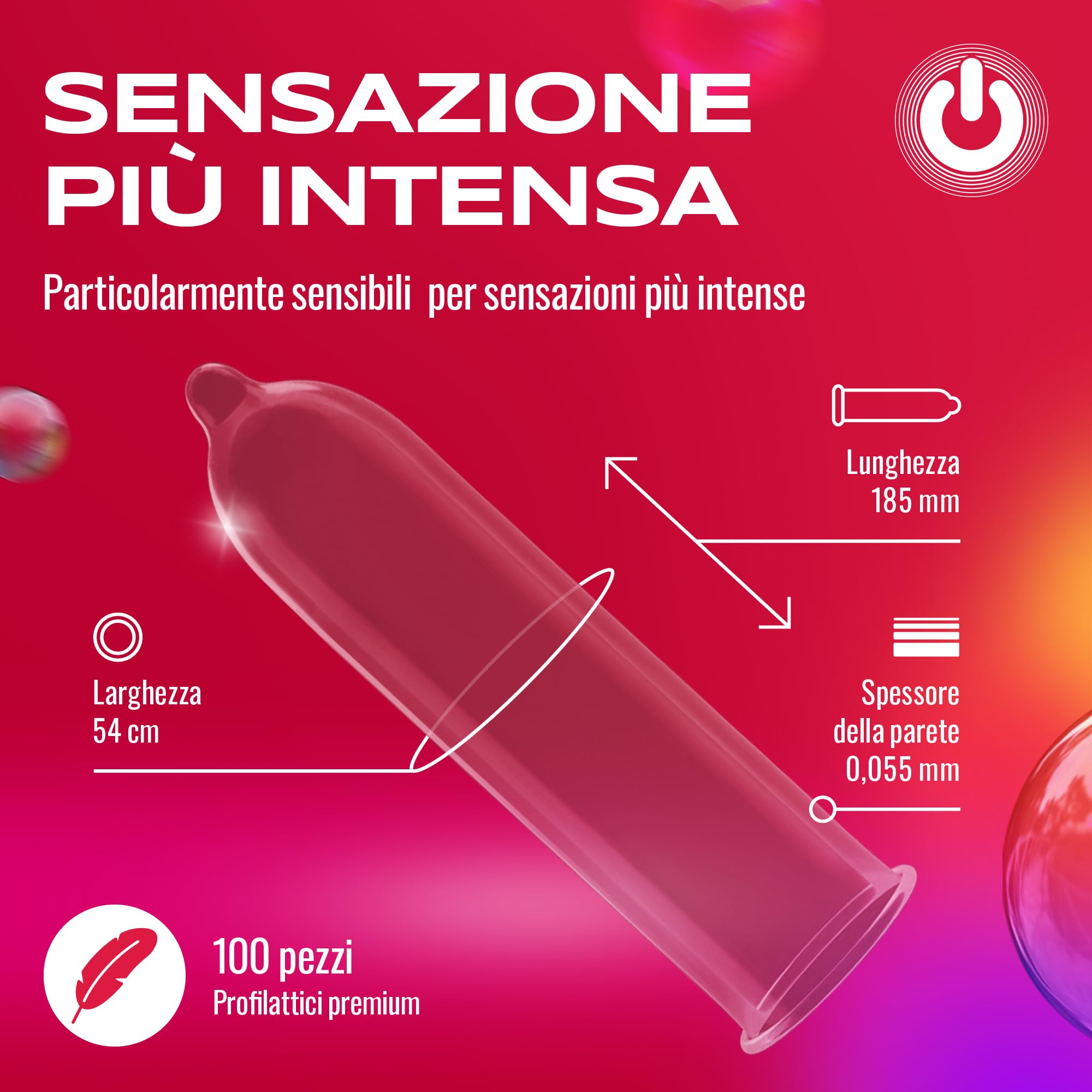 ON) Preservativi Super Sottili | 54 mm di larghezza | Pacco da 100 pezzi | premium ultra sottili | Spessore parete extra sottile 0,055 mm | per Uomini