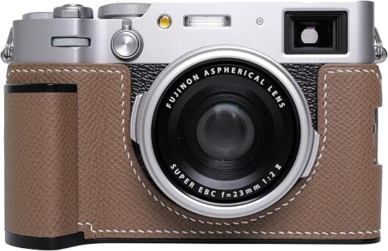 Handmade Genuine Leather Camera Half Case for Fujifilm X100VI/Fujifilm X100VI Case - Top Layer Cowhide Body+hand sewn saddle stitch+Metal Base Plate+Hand Shank Etoupe Gray