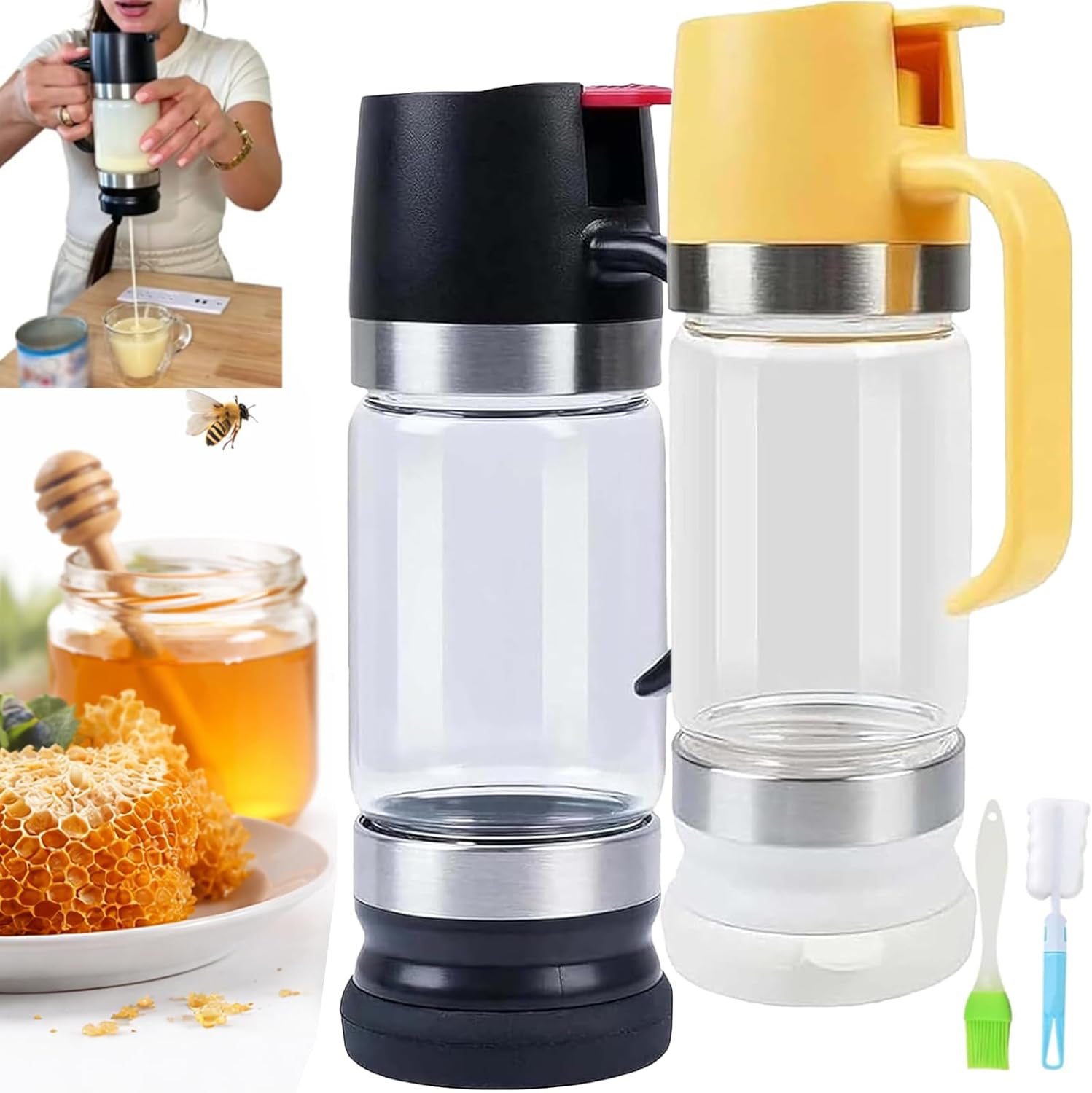 Dispensador De Leche Condensada, Dispensador De Miel, Glass Honey Dispenser with Stand No Drip, 12OZ Glass Jar with Handle, Syrup Container for Coffee, Tea & Pancakes (2pcs)