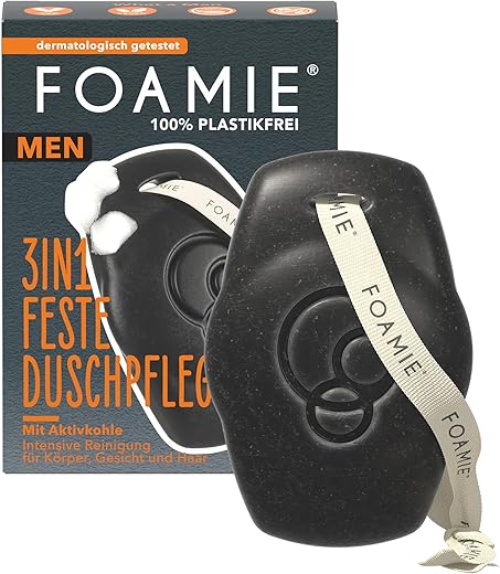 Foamie Festes Duschgel & Shampoo Männer mit Aktivkohle und Rosenholz, 3in1 Feste Dusche und Gesichtsreinigung kraftvoll holziger Duft, Duschpflege für Haut und Haar, 90g