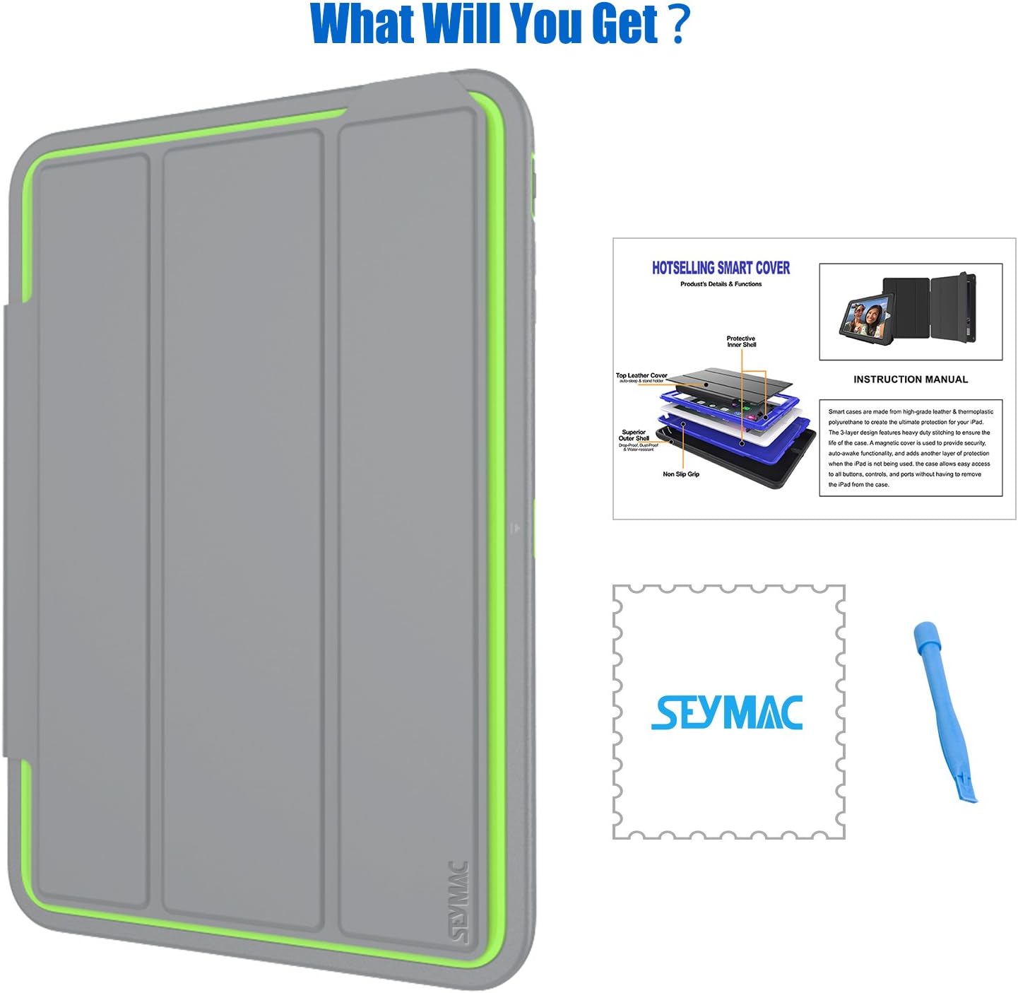 SEYMAC stock Case for iPad Mini 1/ 2/ 3 Generation, (Not for mini4), 3-Layer Protection Smart Cover Auto Sleep Wake for iPad Mini 1/2/3 Leather Stand Feature & Heavy Duty Protective Case (Gray/Green)