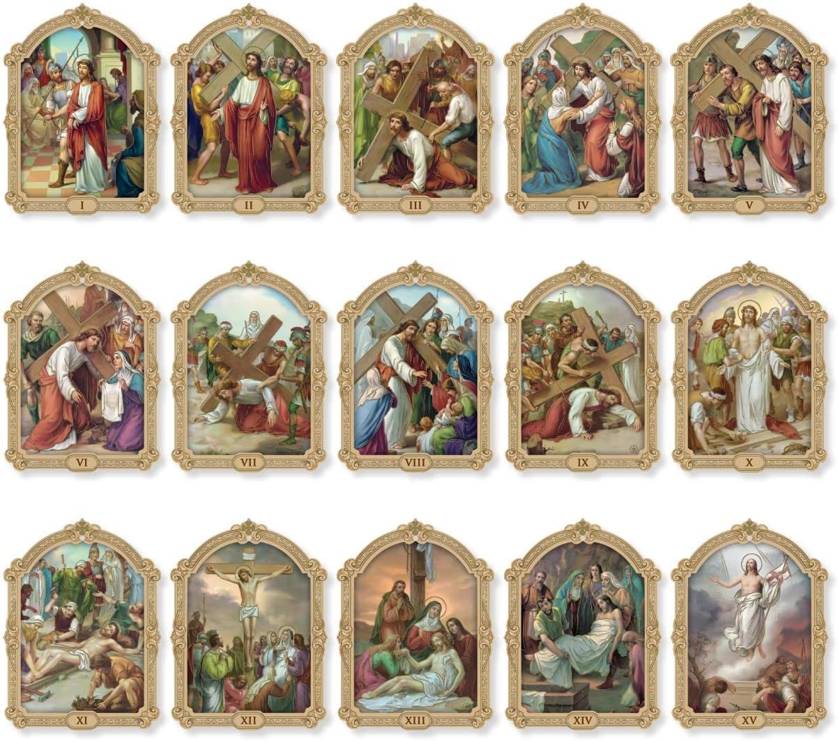 Generic Stations of the Cross Set of 16, 2-3/4"x3-3/4, Gold Stamped Italian Images
