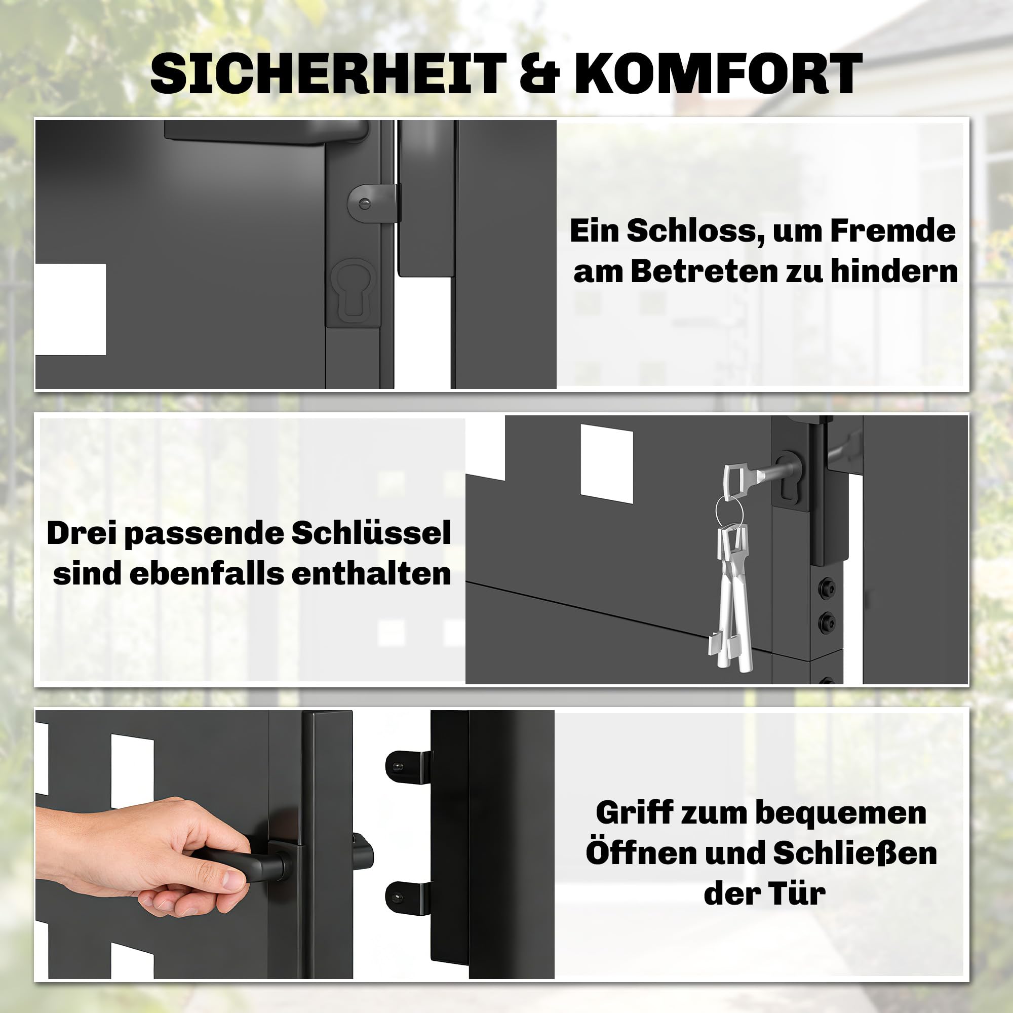 Outsunny Cancello da giardino in acciaio zincato, porta da giardino con maniglia, serratura a 3 chiavi con serratura, 105 x 130 cm, cancello da giardino per recinzione, grigio scuro