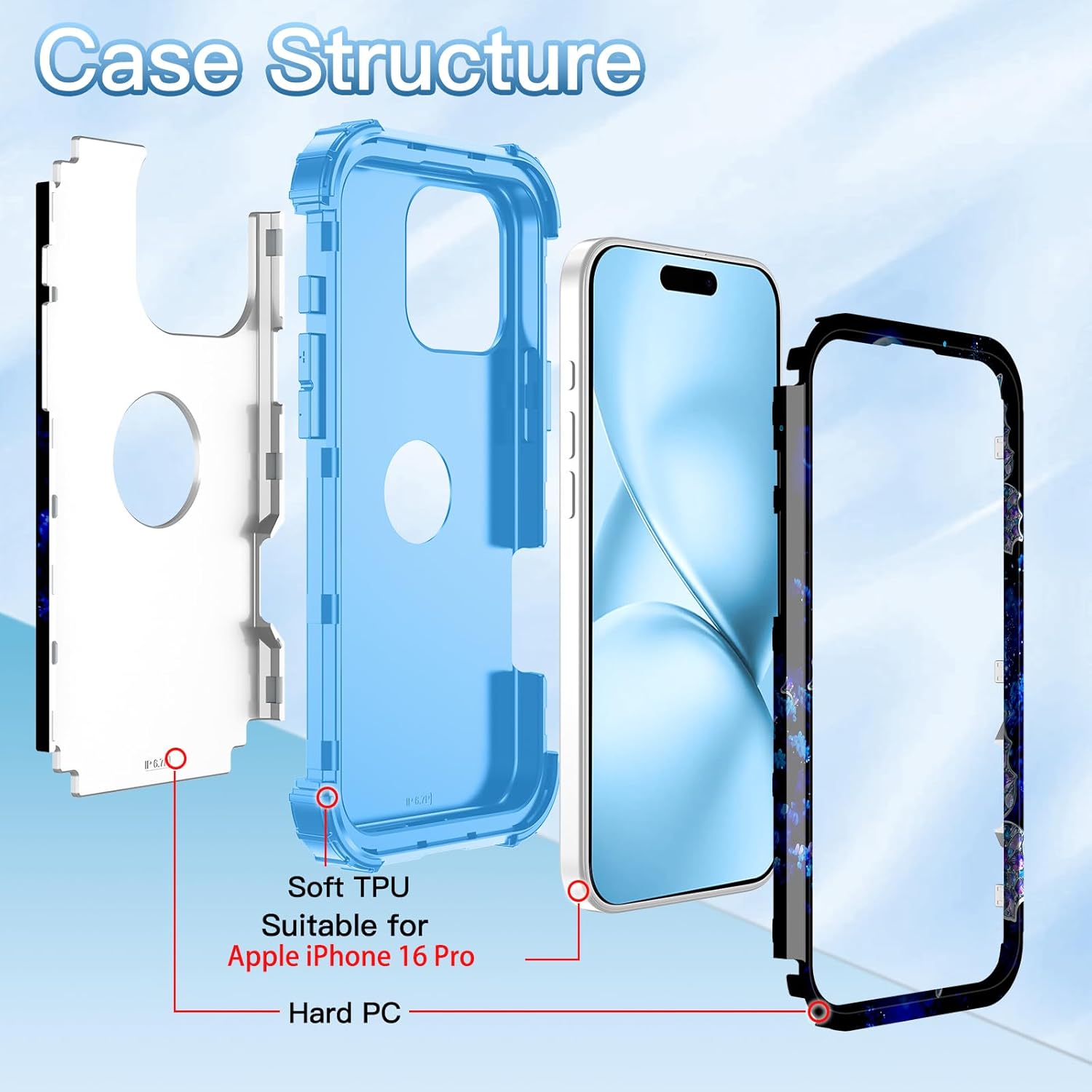 LONTECT for iPhone 16 Pro Case 3 in 1 Shockproof Heavy Duty Rugged Hard PC+Soft Silicone Full Body Protective Cover Girls Women Case for Apple iPhone 16 Pro 6.3 inch 2024,Blue - Image 2