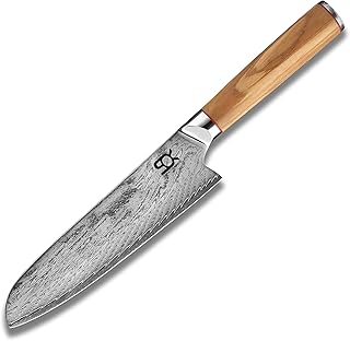 Nóż kuchenny Santoku 7" SOK OLIVE SUNSHINE - nóż kuchenny, nóż do mięsa i stal japońska VG-10 & 67 warstw stali damasceńskiej i uchwyt z zachodniego drewna oliwkowego, ostrze 180 mm