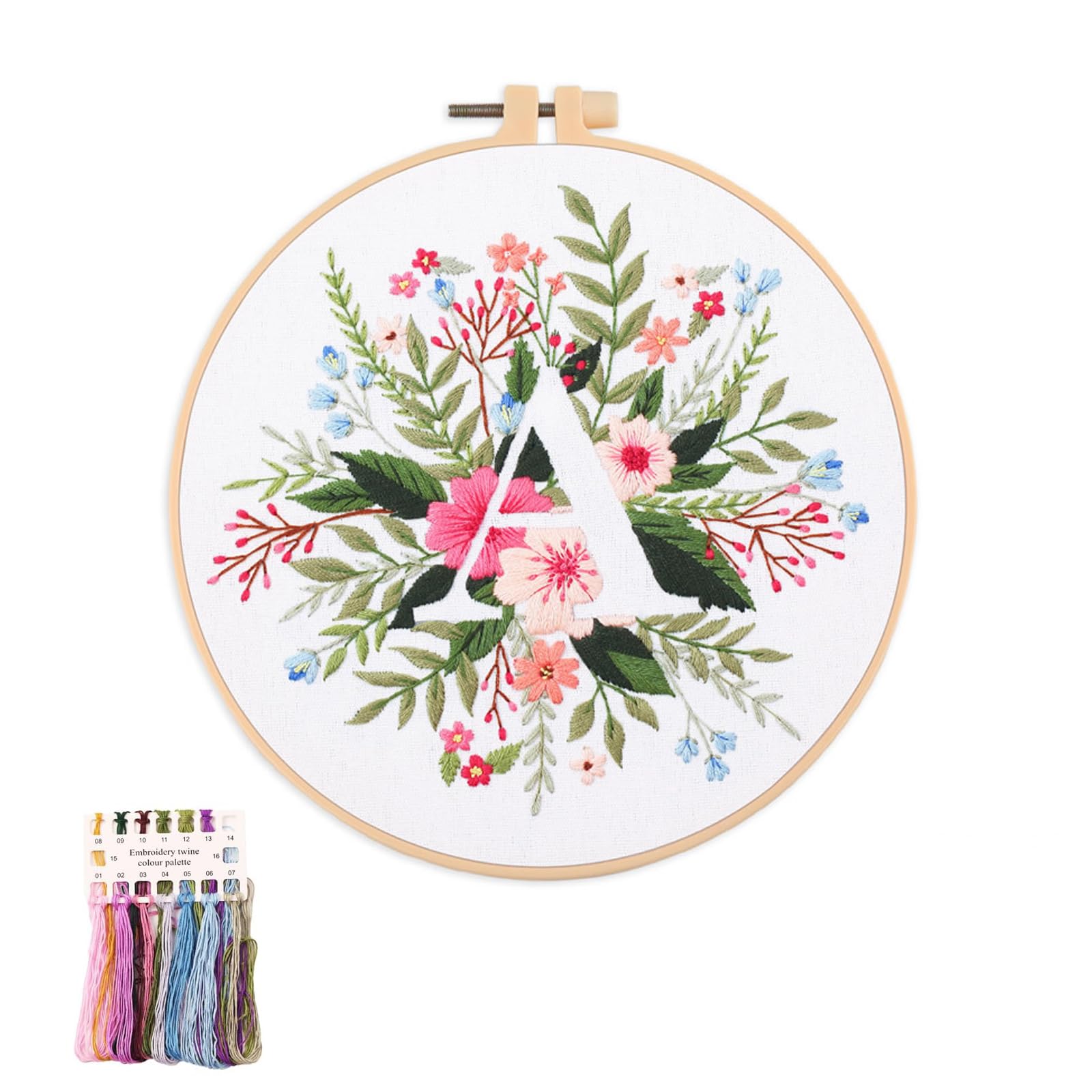 artcici Embroidery Kits Plant Flower Leaf English Letter Patterns for Beginners Adults, Full Range Embroidery Starter Kits Cross Stitch Needlework Supplies (Letter A)