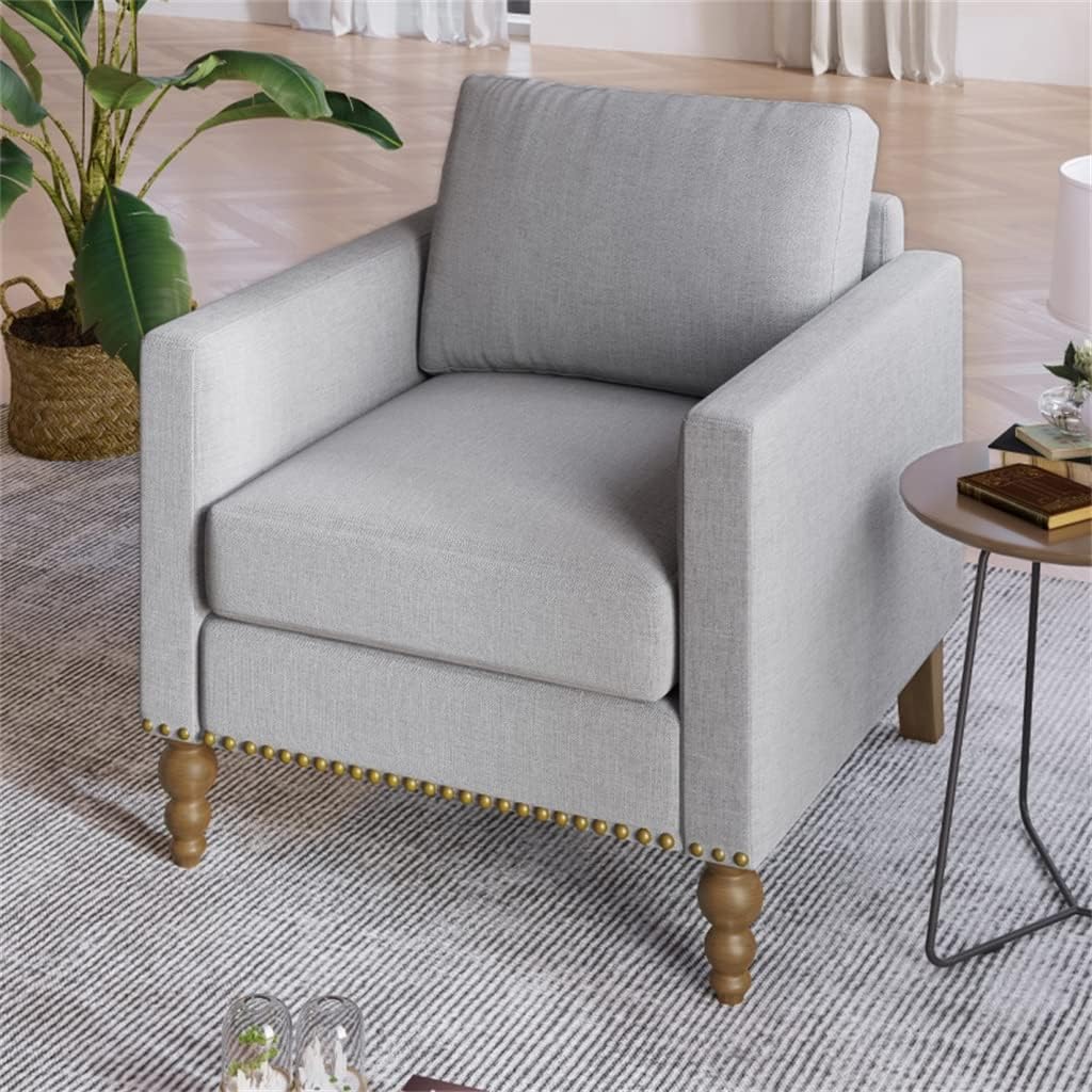 Linen Armchair Accent Chair with Nailhead Trim Wooden Legs Single Sofa Couch for Living Room, Bedroom, Balcony
