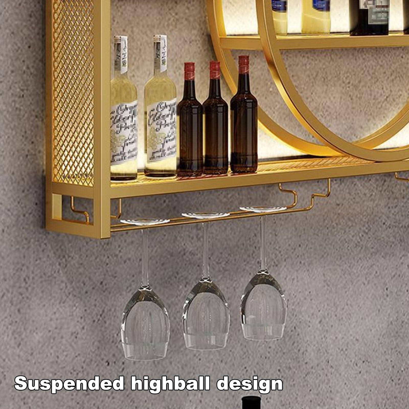 Botellero Vino Pared Botellero de Hierro con Luz LED y Soporte para Copas de Vino, Wall Mounted Wine Rack Fácil de Instalar Soporte para Vino para Cocina, Bar(Gold,120 * 15 * 80cm)