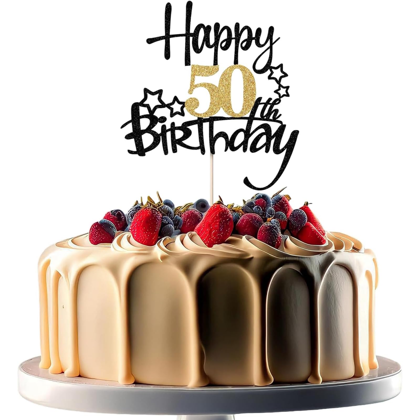XINCHENG 1Pcs Birthday Cake Toppers, Black and Gold Glitter Cake Decorations, Happy 50th Birthday Cake Toppers for Men and women Themed Party