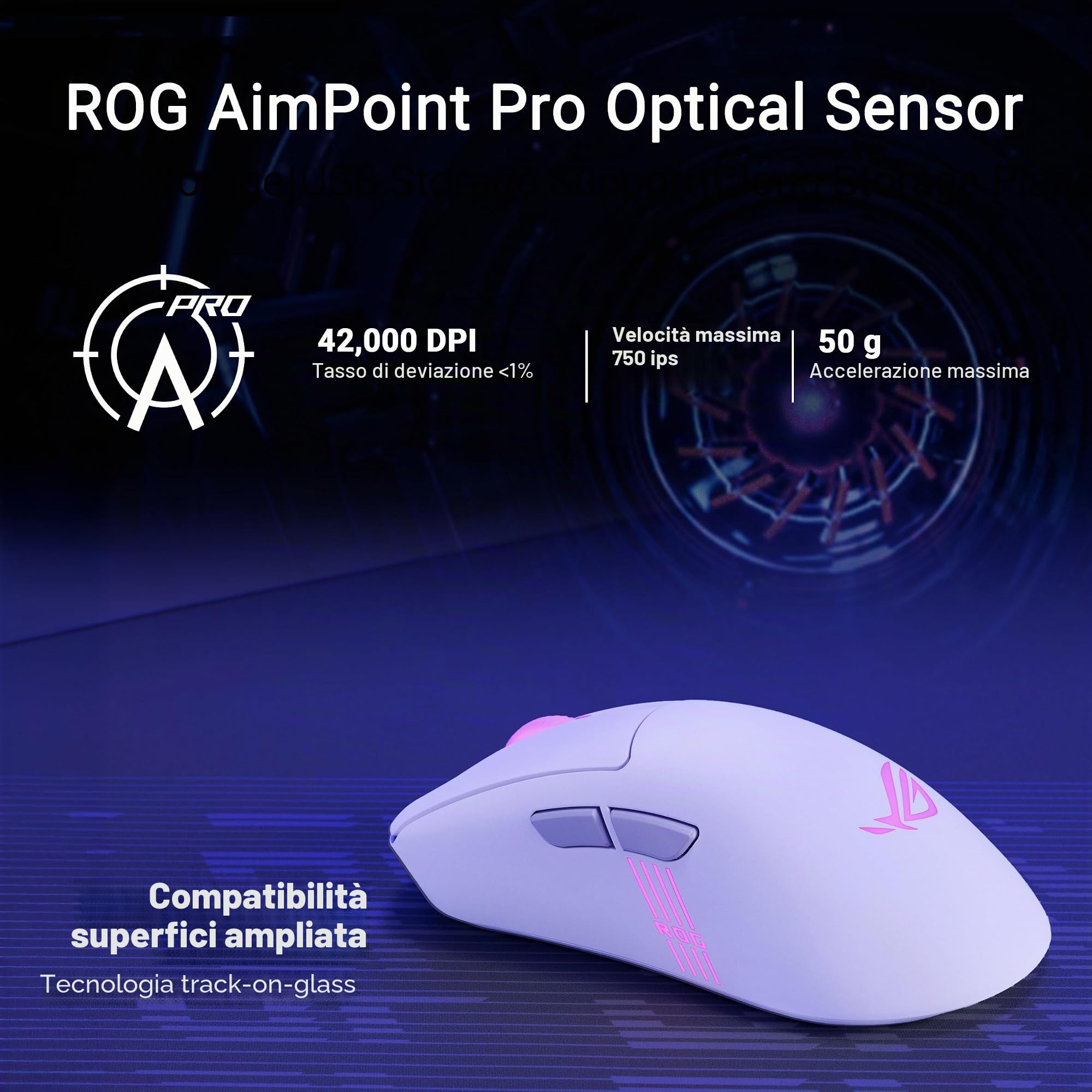 ASUS ROG KERIS II ORIGIN, Mouse da Gaming Senza Fili, Bianco | Sensore Ottico AimPoint Pro 42K, Tasti ROG Micro Switch II, Ricevitore ROG Omni, 5 Pulsanti Programmabili, Ergonomico