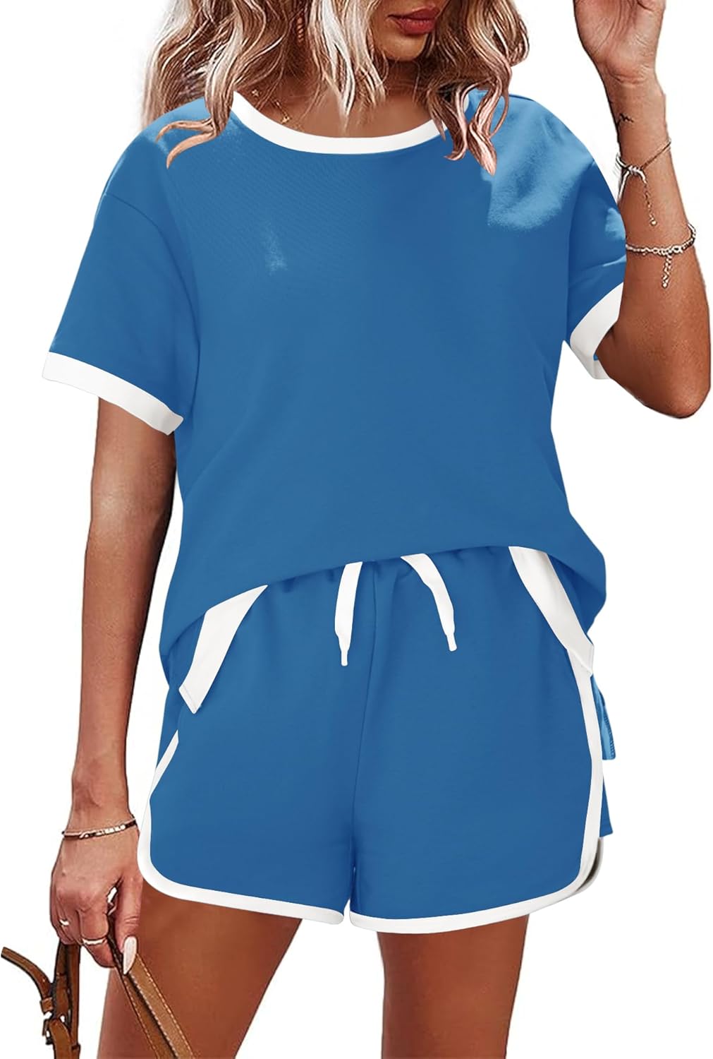 AKEWEI Shorts Sets Women 2 Piece Outfits Casual Short Sleeve Crewneck Tops and Drawstring Shorts Color Block Sets