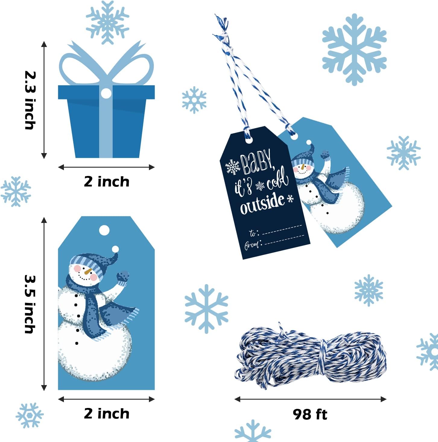 WATINC Christmas Hanging Tag Labels -137pcs Xmas Ornaments Envelope Present Paper Gift Tags Hang Decor, Winter Holiday Snowman Party Art Craft Decoration Supplies for Tree Fireplace Wall(White Blue) - Image 2