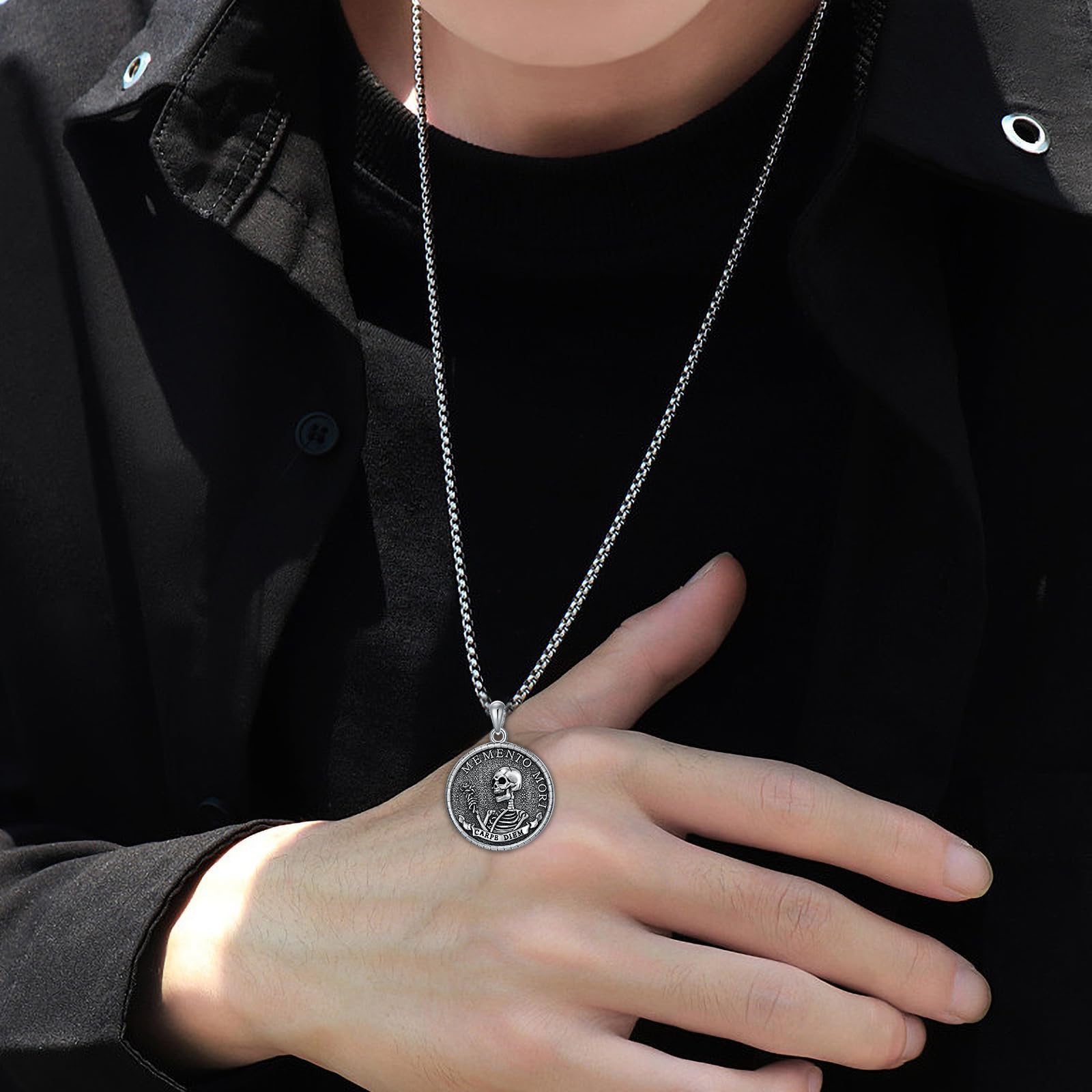ROMANTICWORK Memento Mori naszyjnik ze srebra wysokiej próby 925, wisiorek Memento Mori, gotycka, trupia czaszka, biżuteria, prezent dla mężczyzn i kobiet