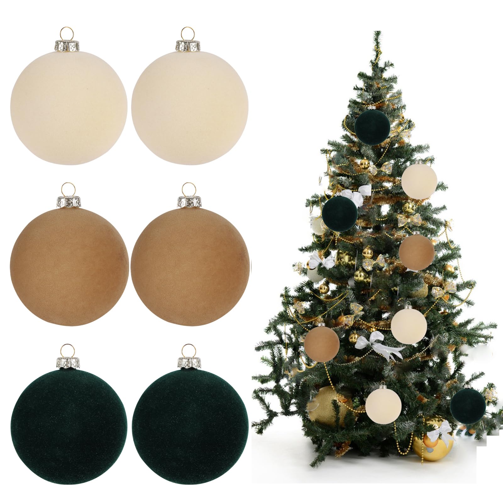 12Pcs Velvet Christmas Baubles Ornaments Sets 2.4Inch Shatterproof Christmas Ball Neutral Rustic Flocked Baubles Decorative Xmas Tree Hanging Balls Decor (12, Green & Brown & Beige)