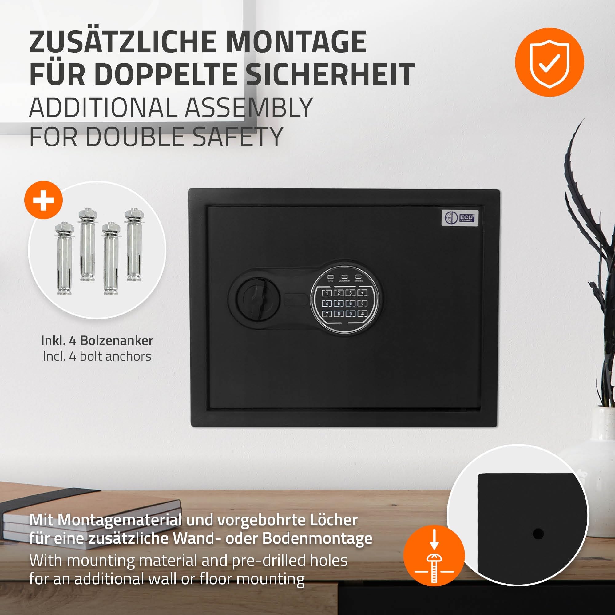 ECD Germany Coffre-Fort 27L 38x30x29,5cm, en Acier, Fixation Mural, avec Lumière à Capteur, Clavier Numérique, Code PIN et Clé, Caisse Électronique pour Bijoux/Argent, Porte-Documents Ignifuge inclus