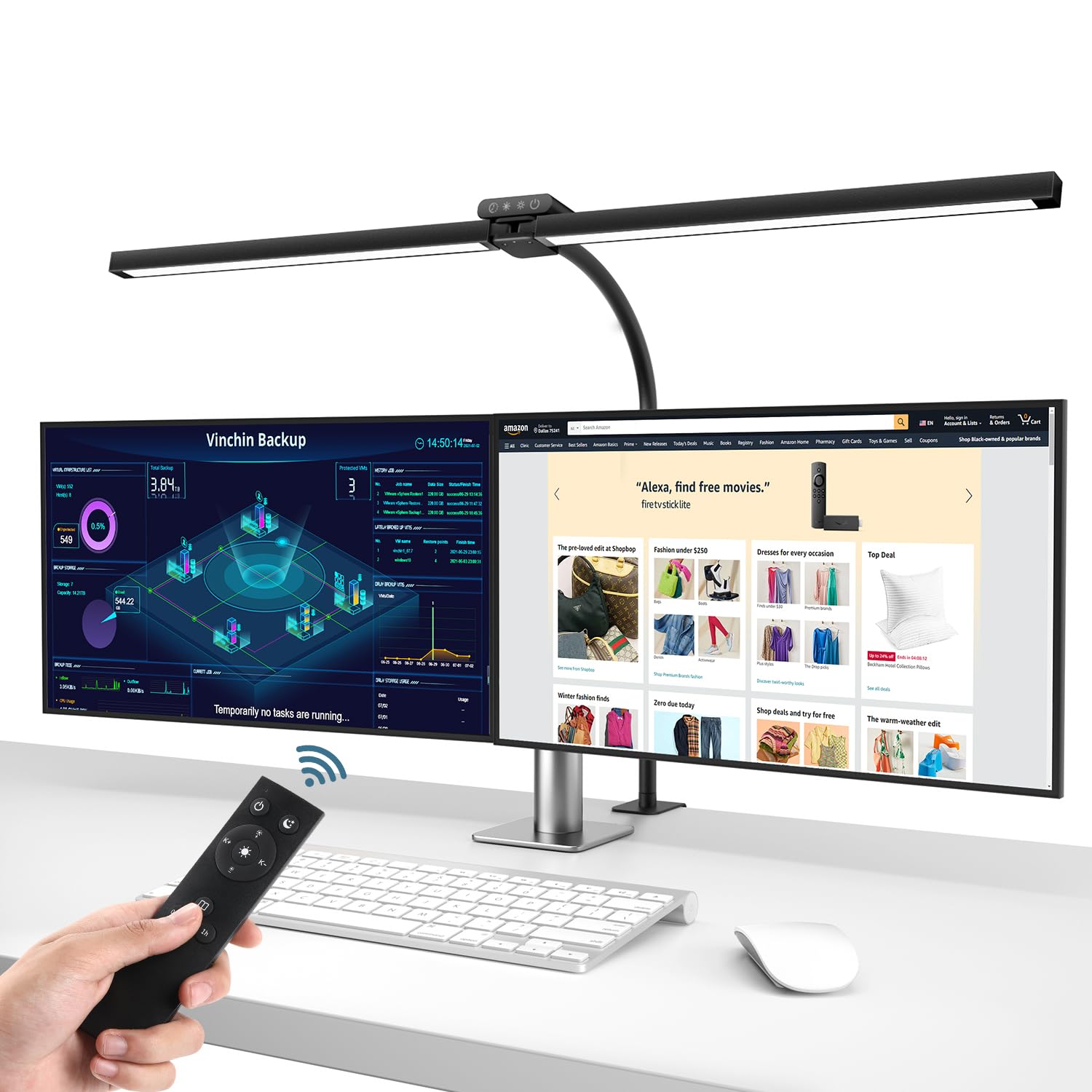 brightower Doppelkopf Schreibtischlampe LED Dimmbar, 24W 80CM Schreibtischlampe klemmbar für Homeoffice, Augenschutz Tageslichtlampe mit Fernbedienungen, Schwanenhals Büro Tischlampe 5 Farbmodi