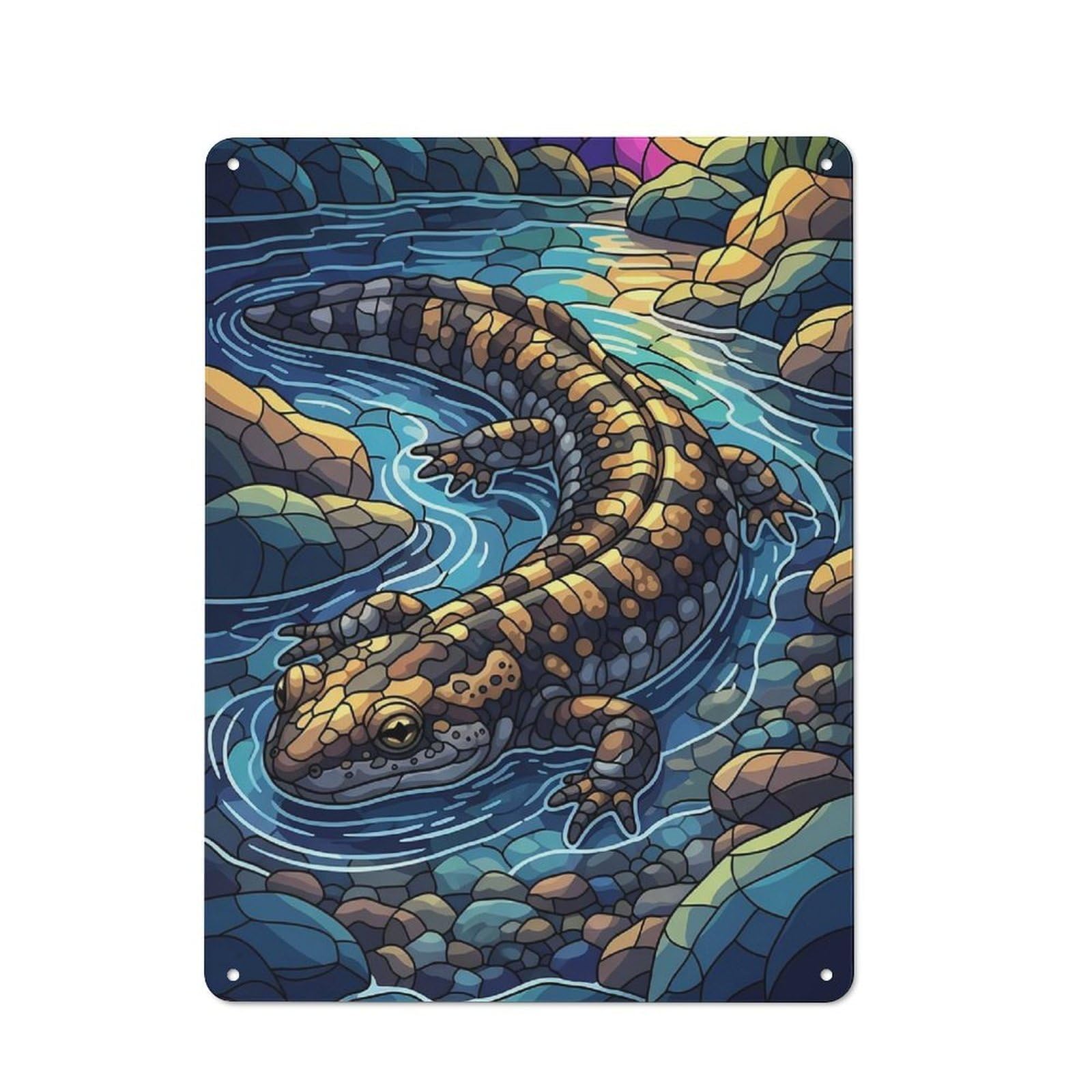 Junmoney Salamander In Stream Stained Glass Style 40X30cm Retro Tin Sign With For Dining Room Or Kitchen, For Metal Sign Collectors, For Garage And Workshop Walls