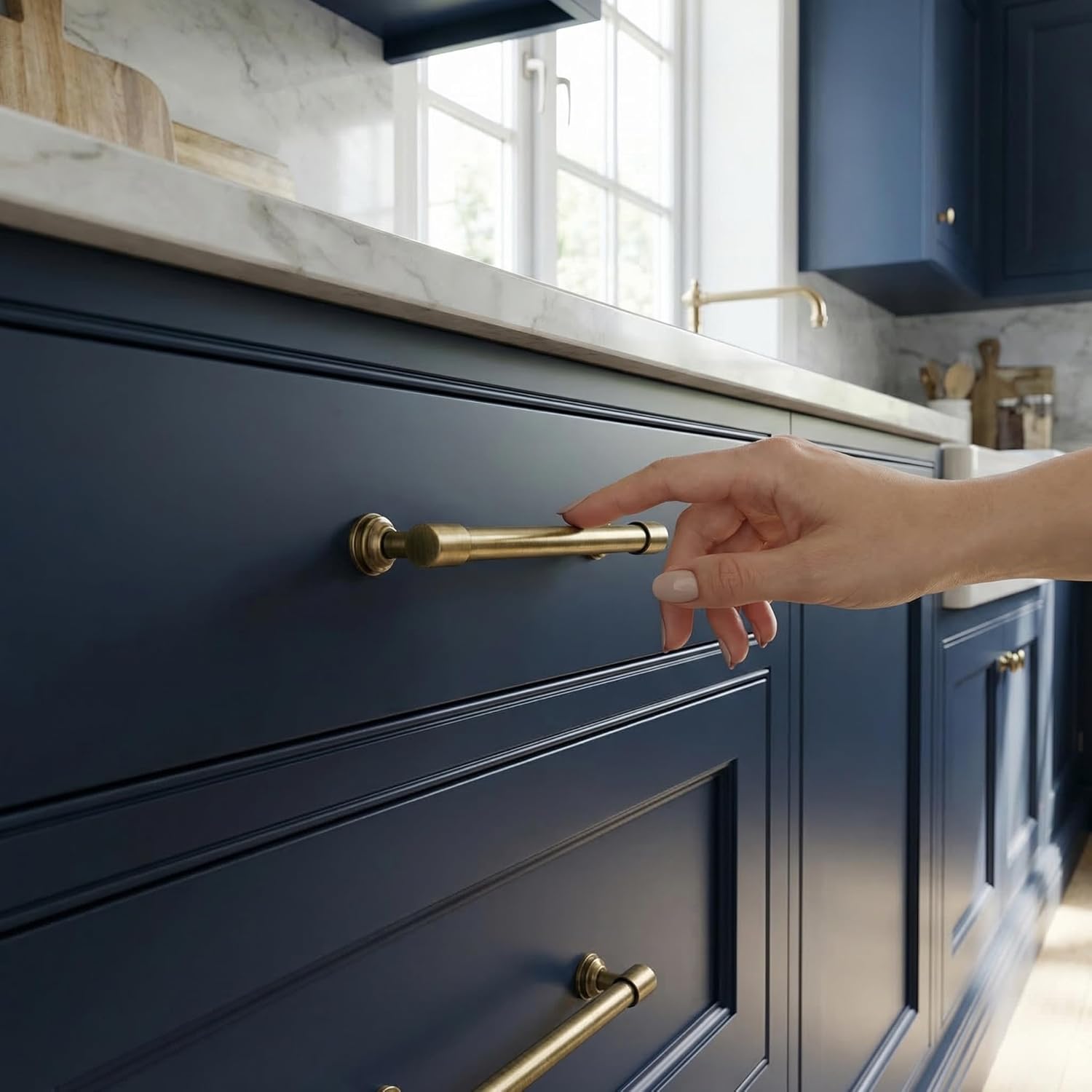 Jovenille- Antique Brass Kitchen Cabinet Pulls, 5'' (128mm) Solid Brass Dresser Drawer Handles, 5 Pack Modern Furniture Hardware Door Pulls for Cupborard Wardrobe Closet Vanity