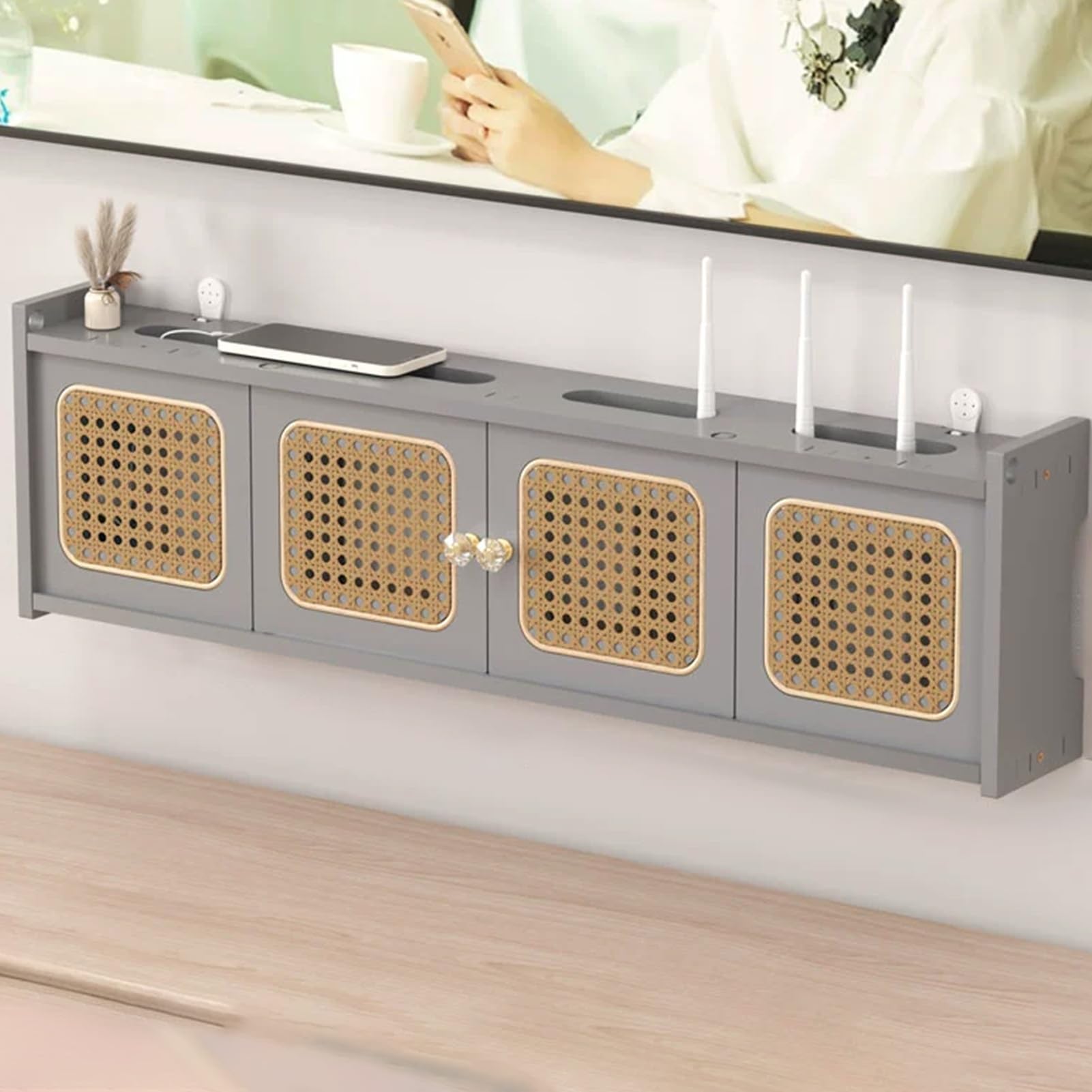 Boîtier routeur WiFi en bois gris de 80cm pour rangement mural discret
