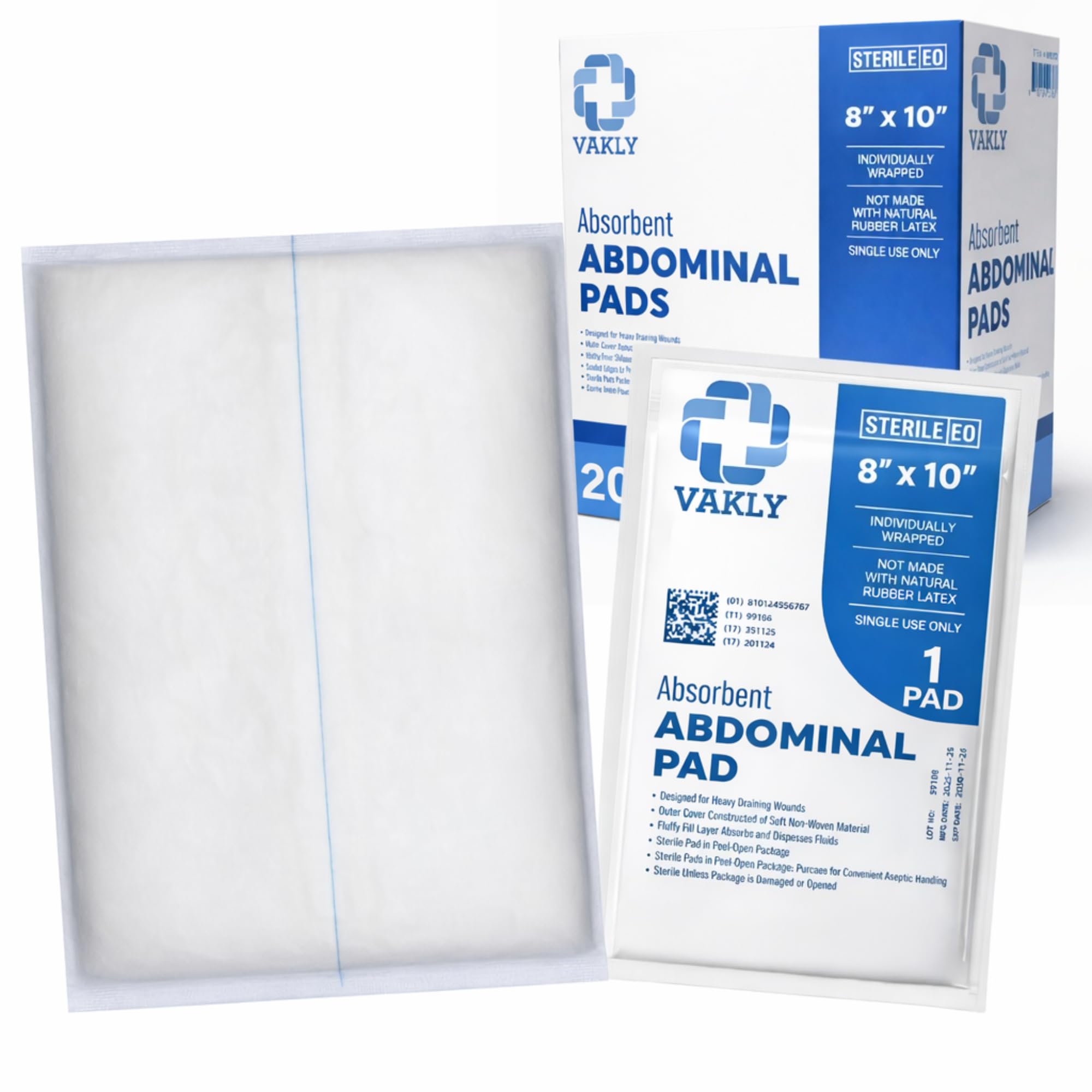 Vakly ABD Combine Abdominal Pads 8x10 [20 Pack] High Absorbency Sterile Individually Wrapped 8''x10'' Non-Adherent Absorbent Post-Op Gauze for Heavy-Draining Trauma and First Aid Wound Dressing