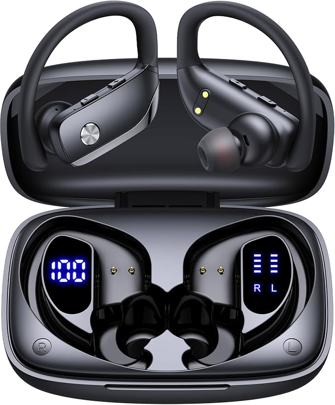bmani Ear Buds Wireless Earbuds Bluetooth Headphones with 80H Playtime LED Display Case, Over-Ear Hook with Mic, Stereo Sound, Easy Button Controls, Sports Earphones for Running Workout Gym Black