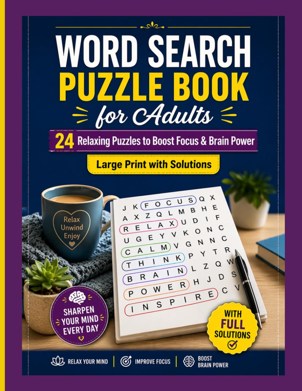 Word Search Puzzle Book for Adults,24 Relaxing Puzzles to Boost Focus & Brain Power
