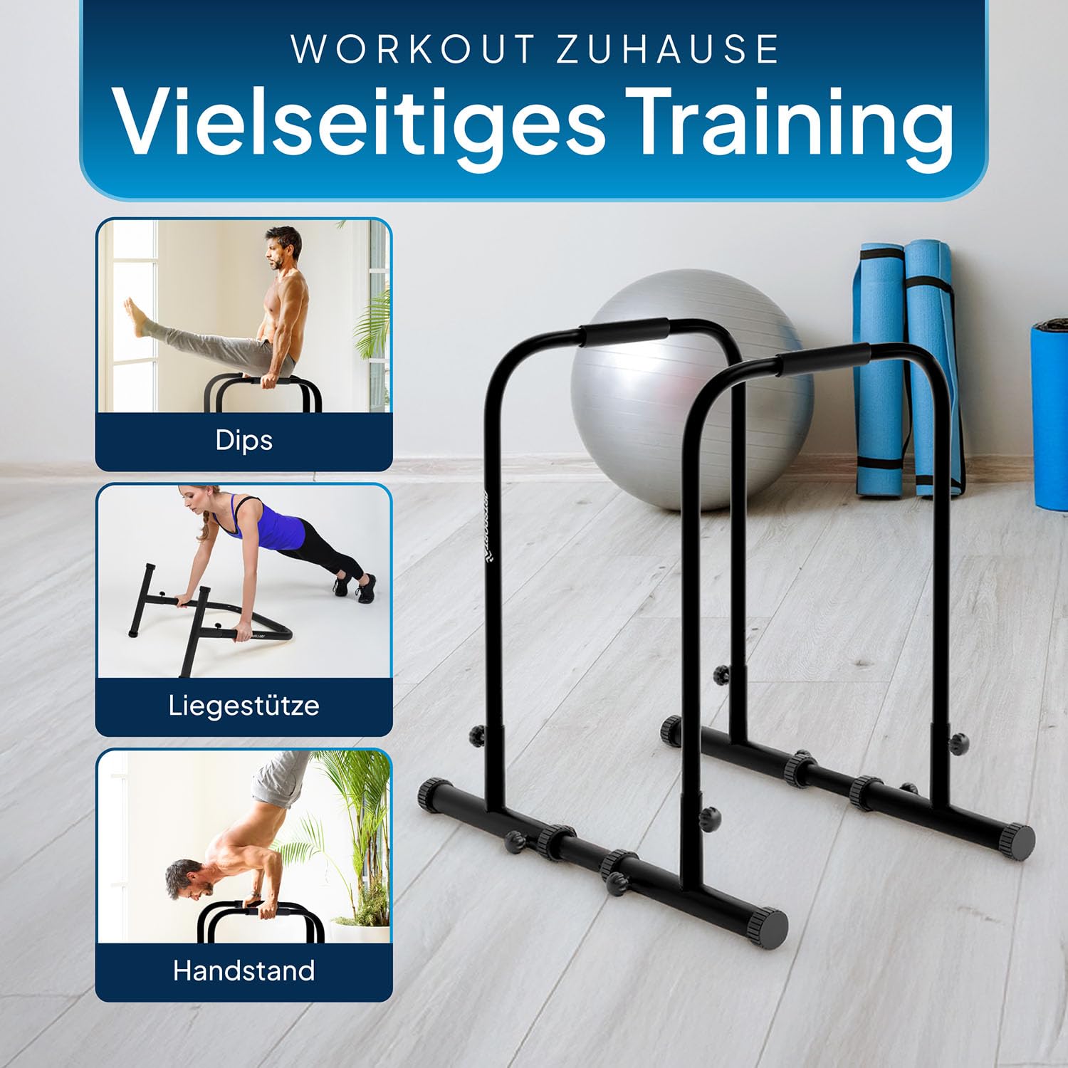 ArtSport Dip Barren - Dip Station bis 500 kg belastbar - Liegestützgriffe - Fitness Stange verstellbar - Liegestütze - Push Up Bar Zuhause - Schwarz