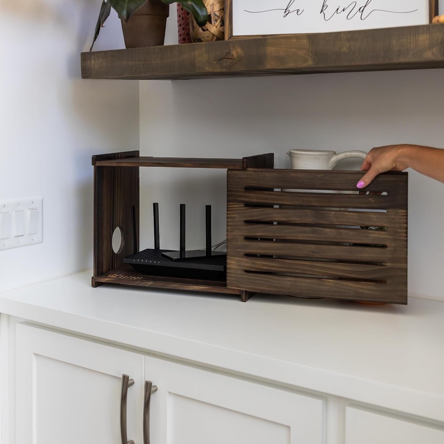 Wooden WiFi Router Storage Box - Deluxe Wall Mountable Decorative Modem Shelf Hider Cover with Cable Management System Home Organization Solution for Routers Up to 11" Tall - Espresso Brown - Image 7