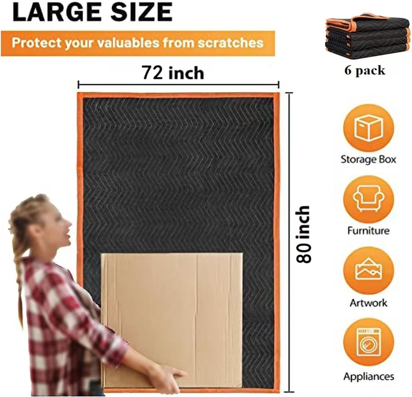 Large Moving Blankets 80 * 72in Heavy Duty Packing Blankets for Furniture Moving Shipping Wrapping Quilted Furniture Pads for Moving, Padded Mover Blankets 6pack