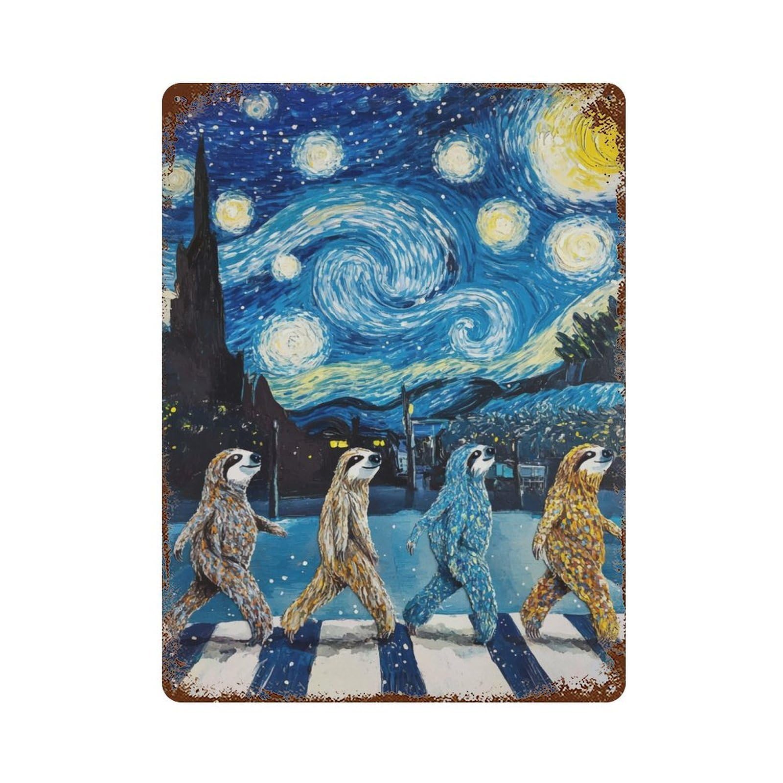 Rusty Metal Tin Sign Sloth Abbey Road 15.7"x11.8", Classic Wall Plaque for Cafe, Home Bar And Lounge Decor