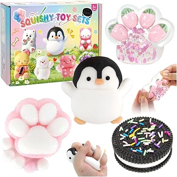 4pcs Taba Squishy Set Biscuit Fruit Cat Paw Squishy Penguin Squishy Toys Fufu Squishy Toys for Adults Squeezeable Fidget Toys to Anxiety Relief Novelty Gifts for Birthday Christmas