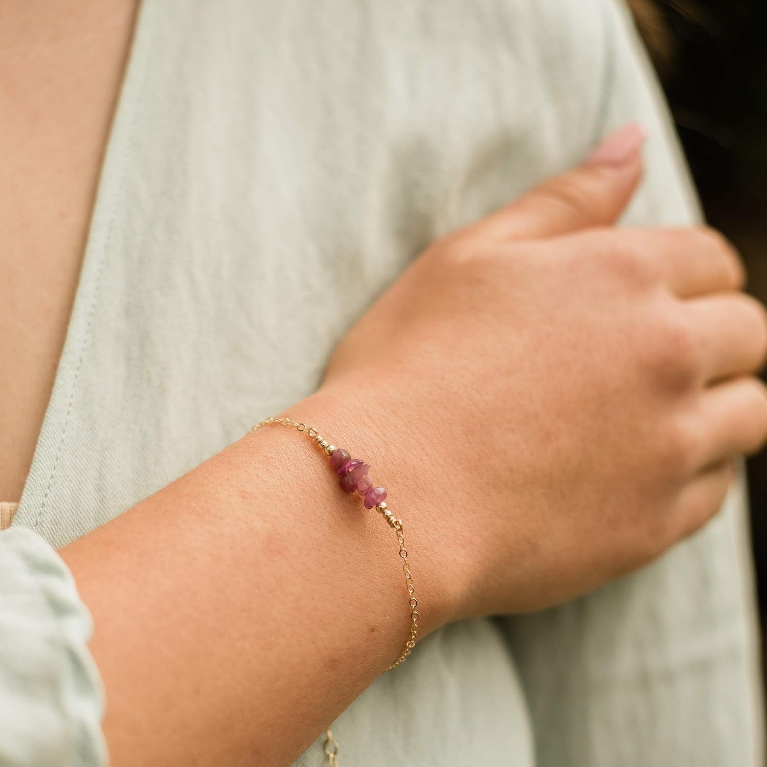 Luna Tide Ruby Chip Bead Bar Bracelet in 14k Gold Fill