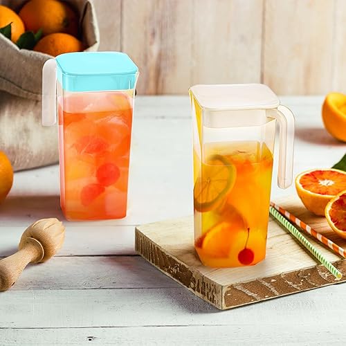 Miniatura 5 de Paquete de 4 jarras de plástico con tapa, jarra de agua para puerta de refrigerador de 61 onzas / 1.8 L con asa, recipiente cuadrado transparente