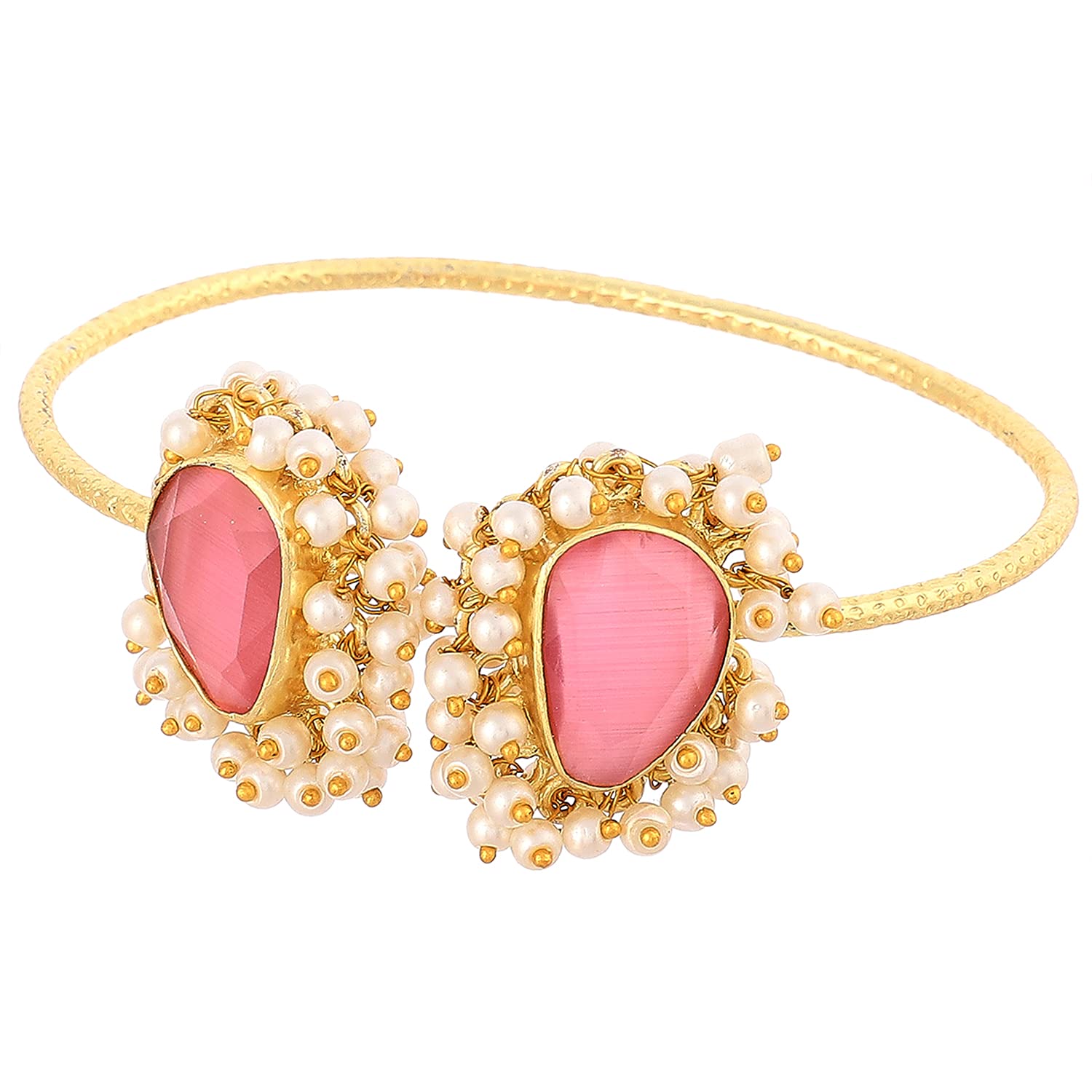 Handcrafted Latest Crystal Cats-eye and Pearls Gold Plated Open Kada Stylish Bracelet for Women and Girls