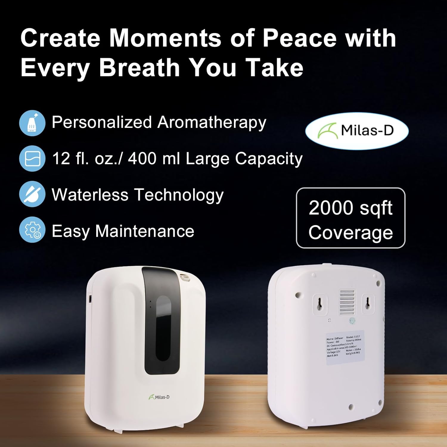 Waterless Essential Oil Diffuser for Home and Commercial, 13.5 fl.oz. Capacity Up to 2000 sqft, Smart Scent Air Machine, Aromatherapy Scent Diffuser for Large Room, Bluetooth, Cold Air, Milas-D - Image 3