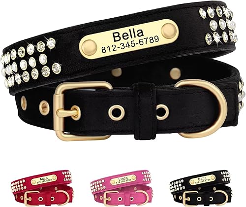 Miniatura 1 de Beirui Collar de perro de terciopelo suave con diamantes de imitación para mayor comodidad y seguridad, collar de perro personalizado con perlas
