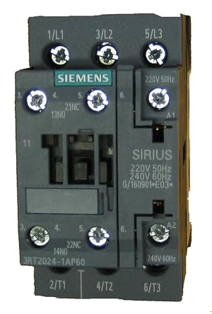Siemens 3RT2024-1AP60 12 AMP, 3 Pole contactor with a 240 Volt AC Coil and 1 N.O./1 N.C. Base Contact