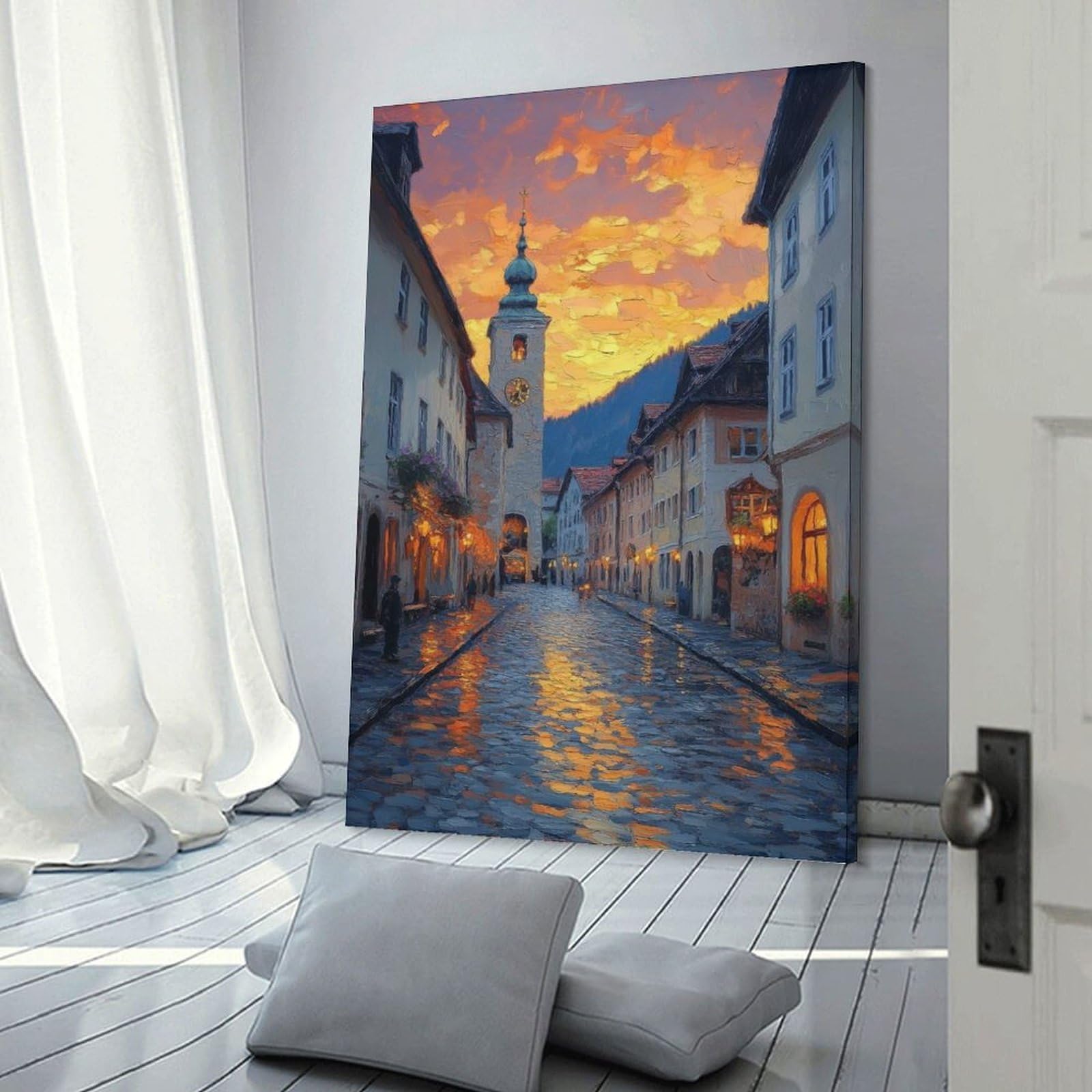 Junmoney Frame-Style-3 Decorative Wall Artwork Cobblestone Street At Sunset, 20X30inch(50X75cm), For New Homes, Bedrooms Or Workspaces, Canvas Artwork With Gifting Potential