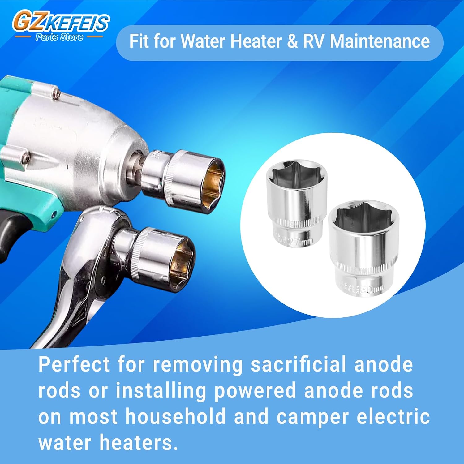 Anode Rod Socket Wrench Kit, 1-1/16" & 1-3/16" Short Socket Set, 1/2" Drive 6-Point Chrome Vanadium Sockets for Water Heater and Powered Anode Rod Installation