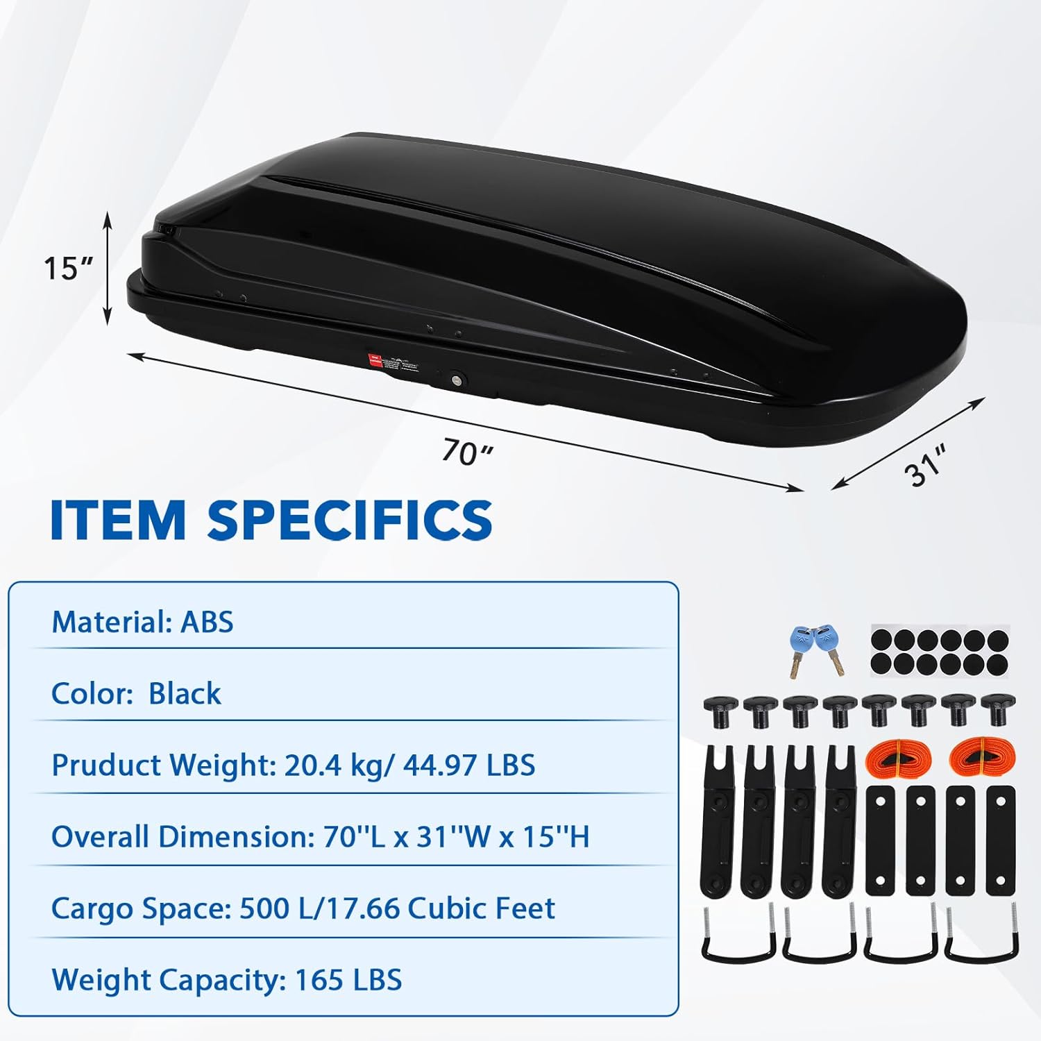 Image displaying the dimensions of the cargo box: 70 inches long, 31 inches wide, and 15 inches high, along with other item specifics.