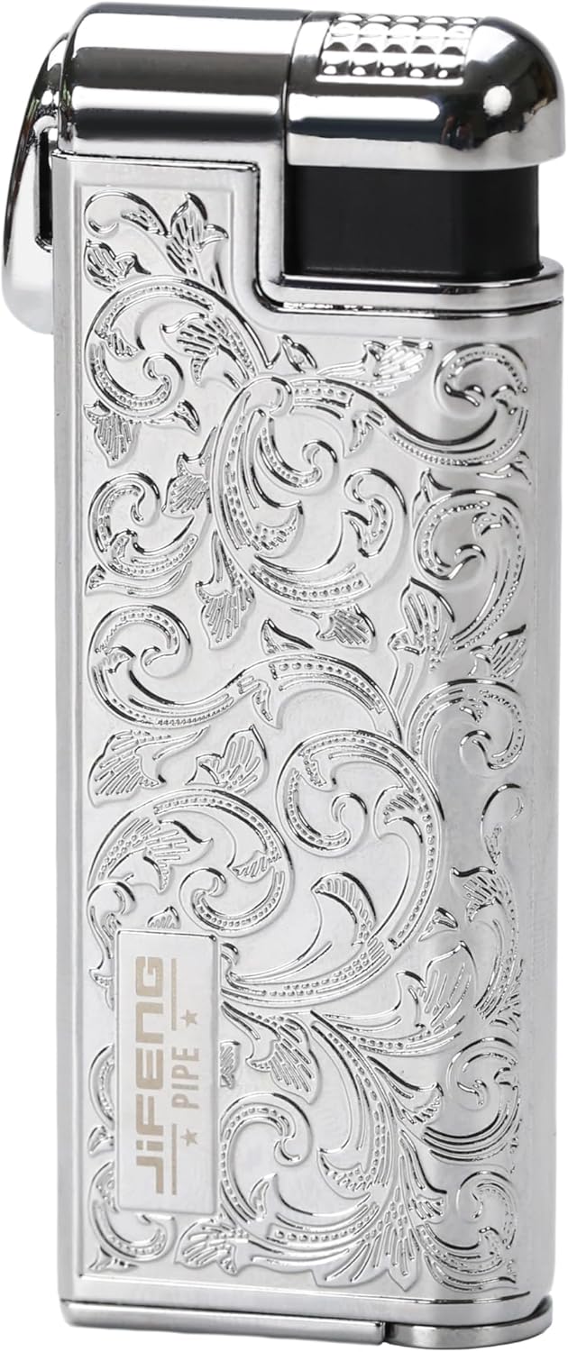 Pipe Lighter, Zinc Alloy Windproof Oblique Flame Butane Lighter with Fuel Window, Pipe Tamper and Gift Box, Refillable, Gas Not Included Silver