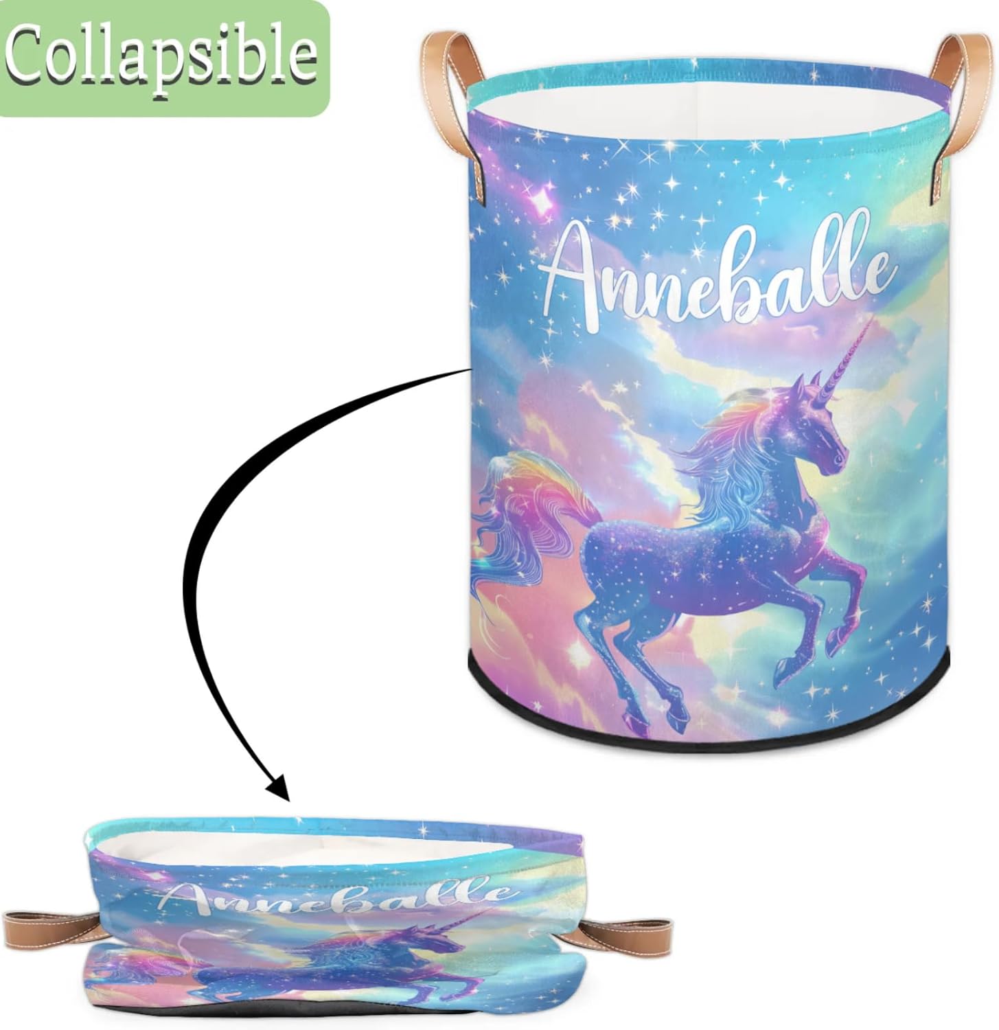 Custom Sky Unicorn Large Laundry Basket with Name Personalized Foldable Waterproof Laundry Hamper Dirty Clothes Toys Storage Bin with Handle - 1 Pack