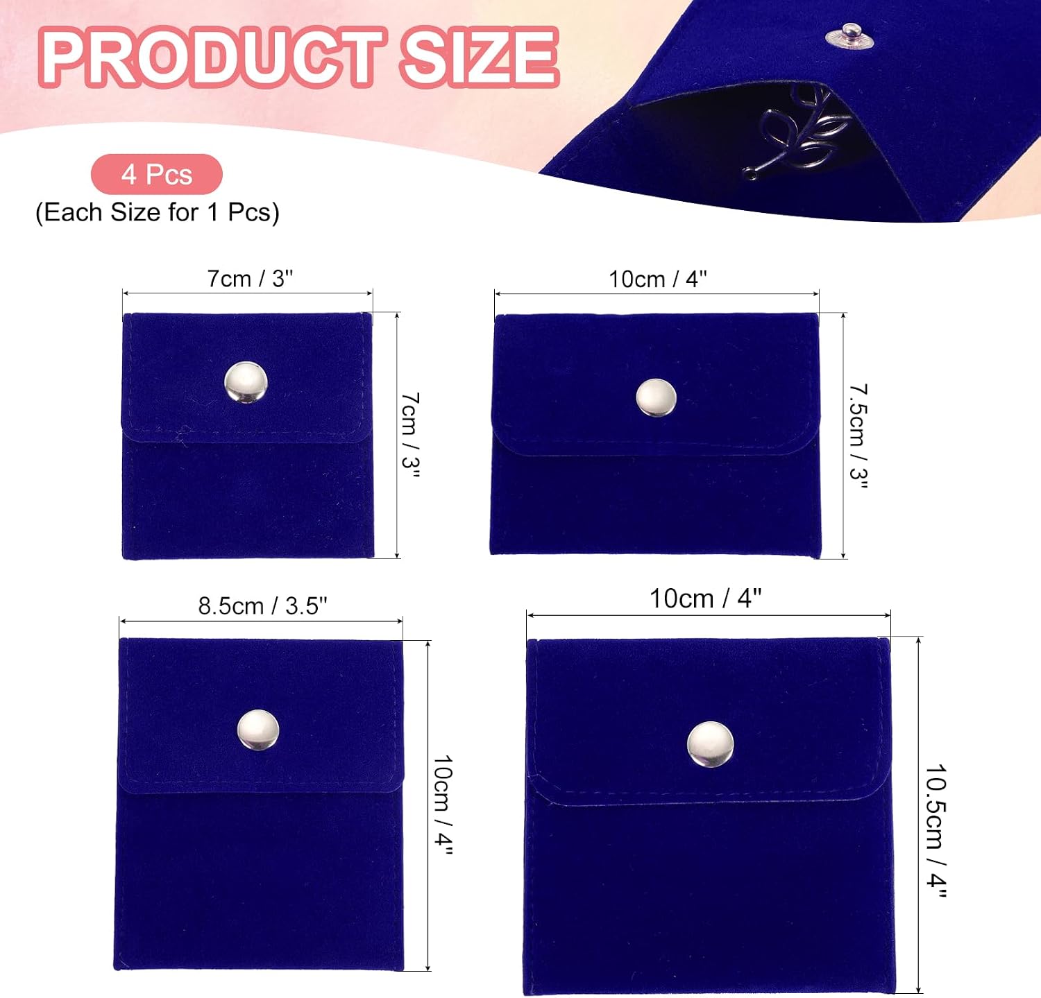 PATIKIL Velvet Jewelry Pouch Set, 4 Sizes Velvet Pouches Snap Button Portable Storage Bag for Earrings Bracelets Necklaces Rings Watch, Blue