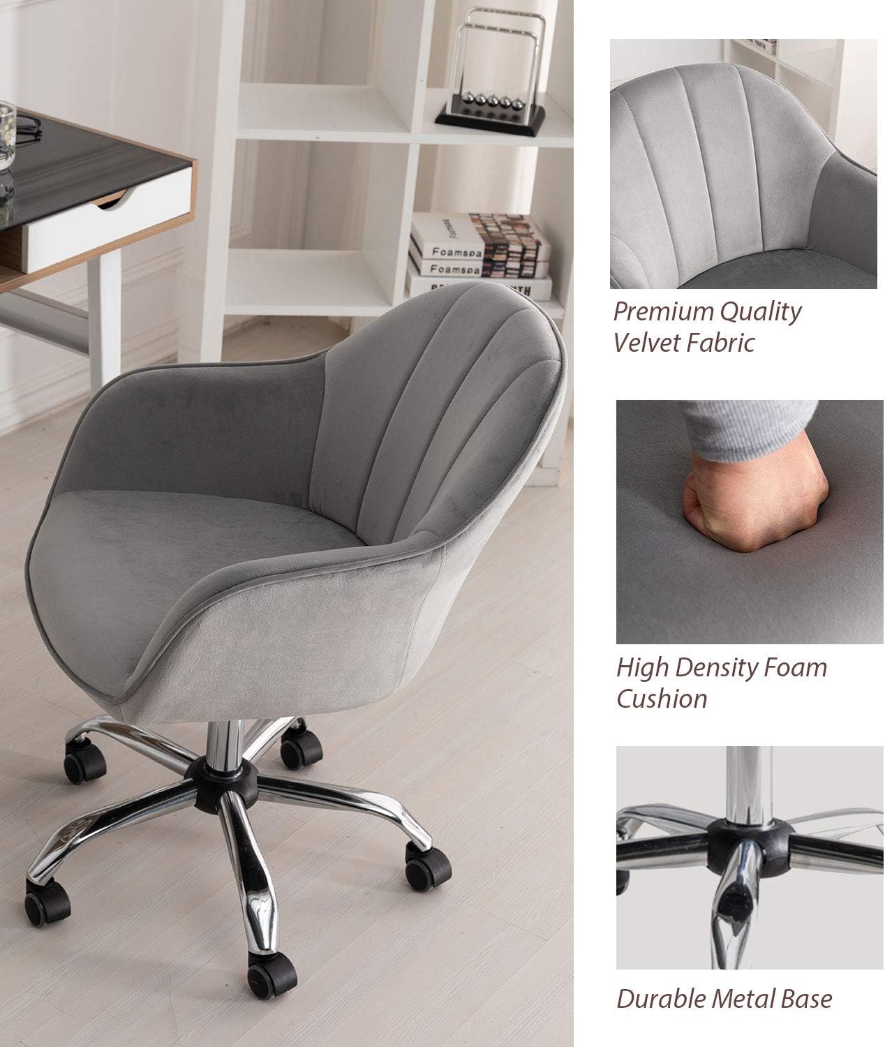 Modern Mid-Back Home Office Velvet Chair with Wheels, Ergonomic Executive Task Swivel Shell Vanity Chair with Arms, Adjustable Height for Study Room Living Room Bedroom and Makeup (Grey) : Home & Kitchen