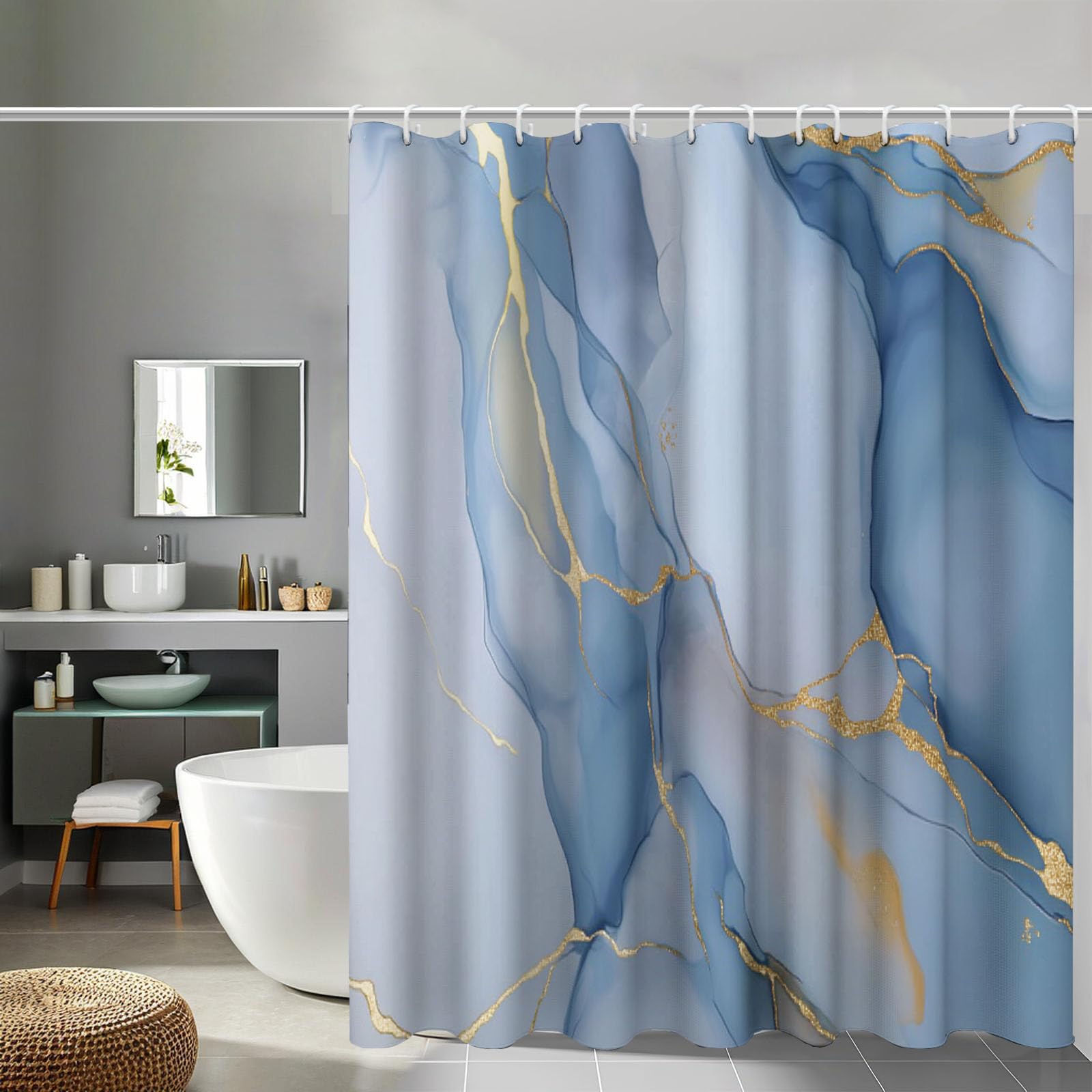 Rideau de douche imperméable et lavable motif marbre bleu pour une salle de bain moderne