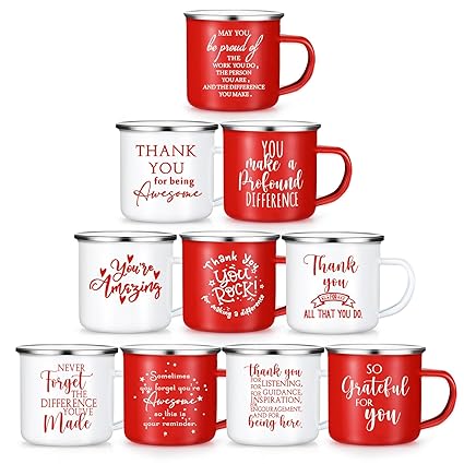 Norme 10 Pcs Employee Appreciation Gifts 12 oz Enamel Coffee Mugs Bulk Thank You Gifts Mugs Graduation Gifts for Teachers Inspirational Team Gifts for Staff Coworker Doctor Nurse(Red, White)