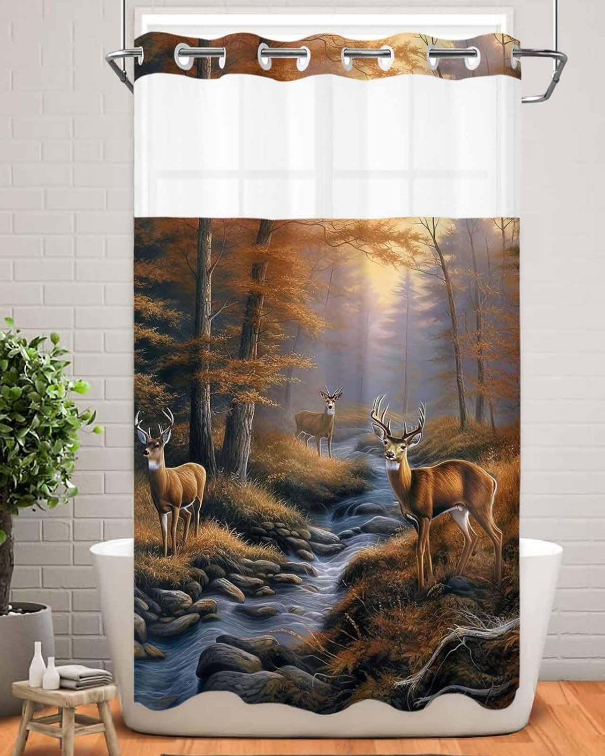 No Hook Shower Curtain with Snap in Liner Set Forest River Shower Curtains for Bathroom Waterproof Fabric Deer Bath Curtain with See Through Mesh Top Window for Hotel Spa Decor 36x72 Inch