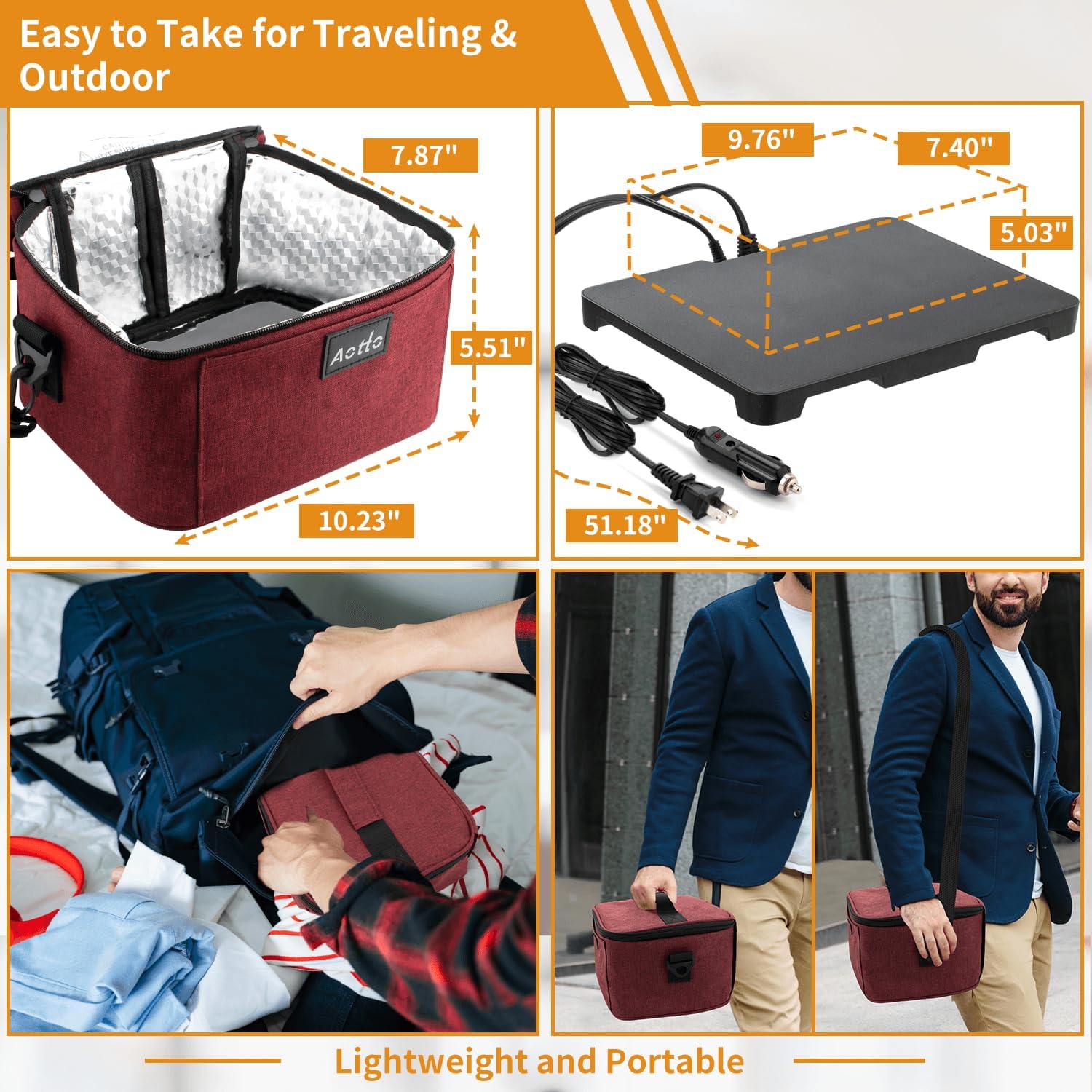 Portable Oven | 12V, 24V, 110V 3-in-1 Portable Food Warmer | Personal Mini Electric Heated Lunch Box for Car, Truck, Travel, Camping, Office Work, Hotel Bundle (Red - Black)